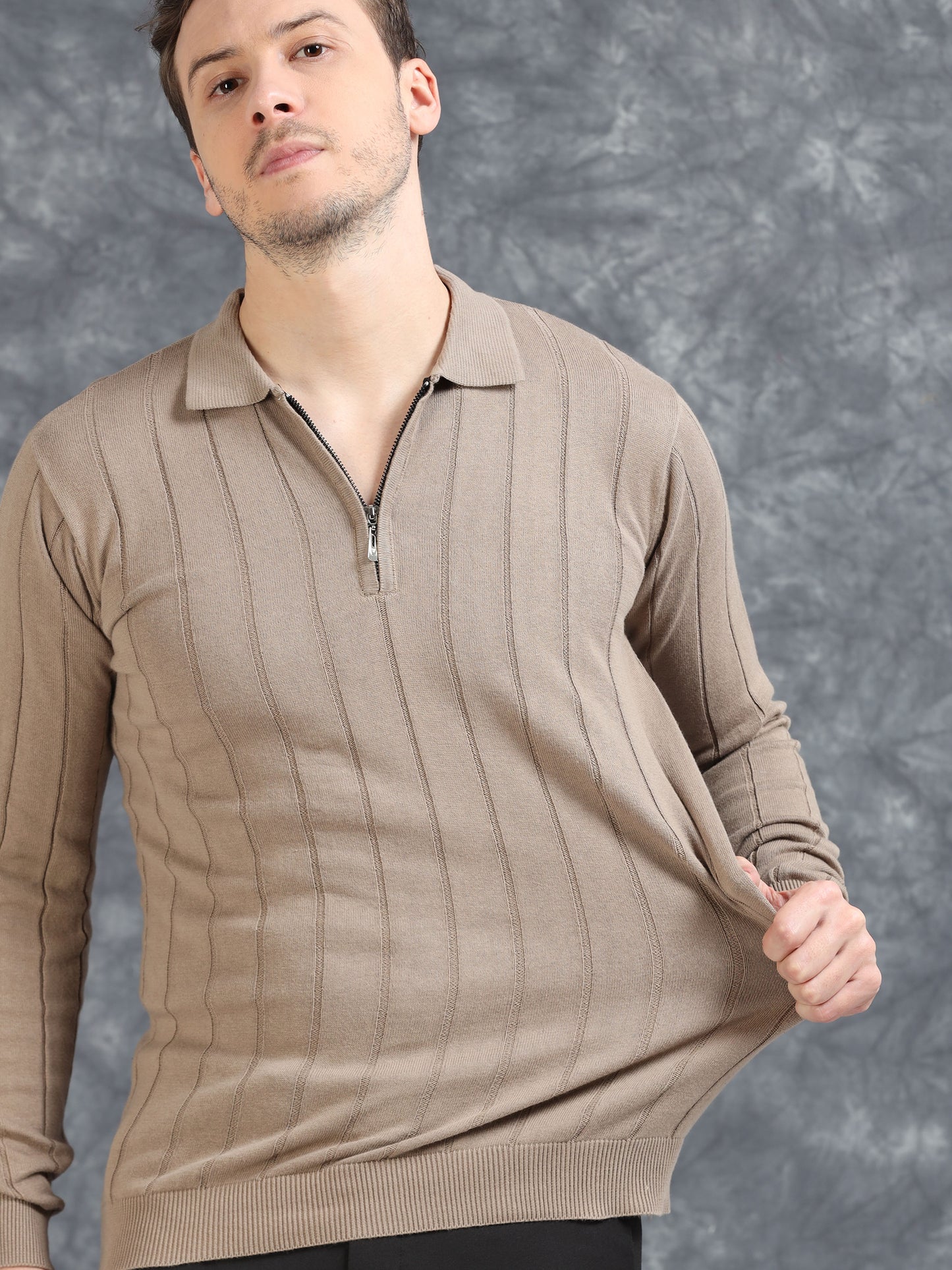 Ribbed Texture Full Sleeve T-Shirt Beige