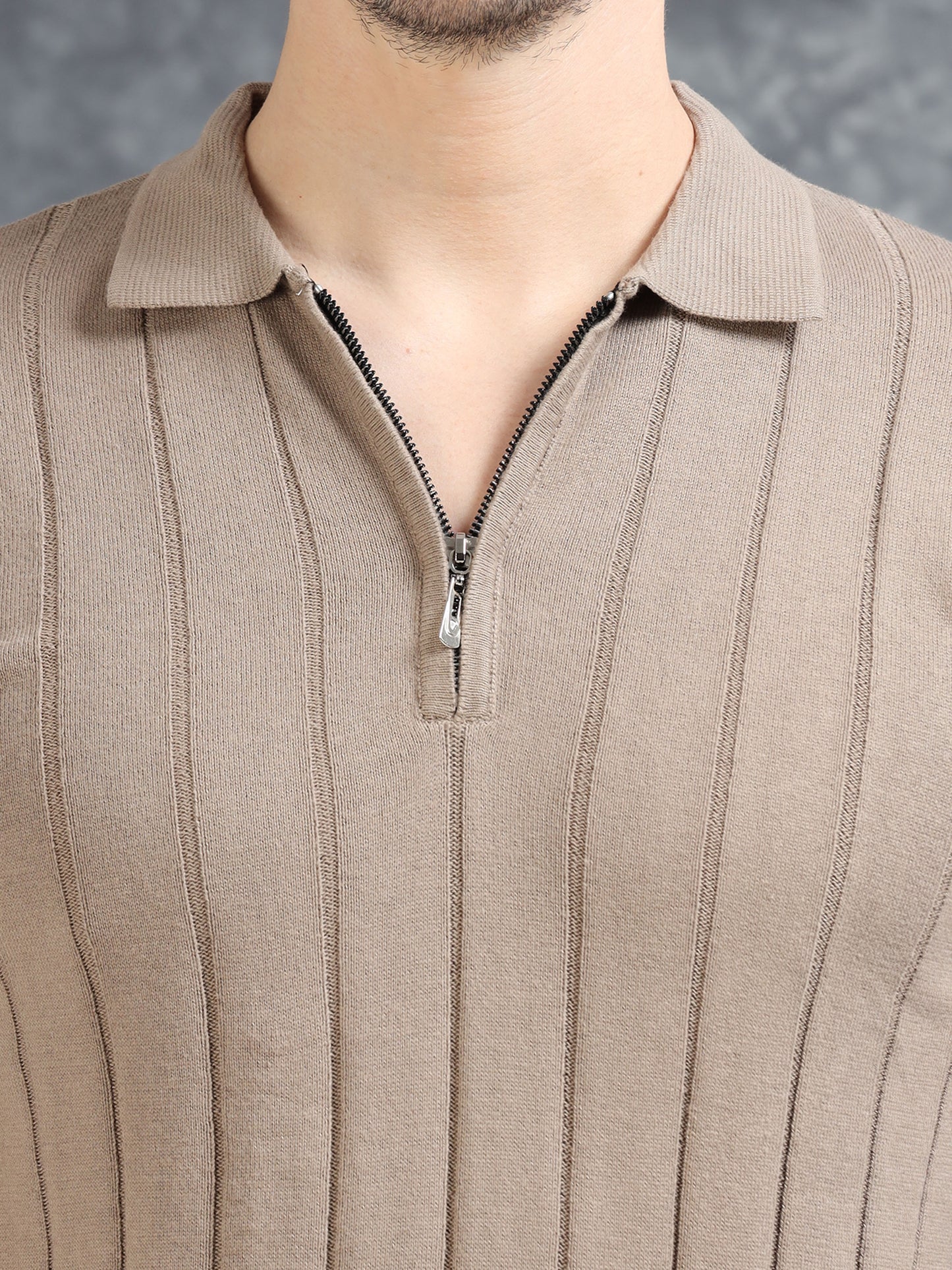Ribbed Texture Full Sleeve T-Shirt Beige