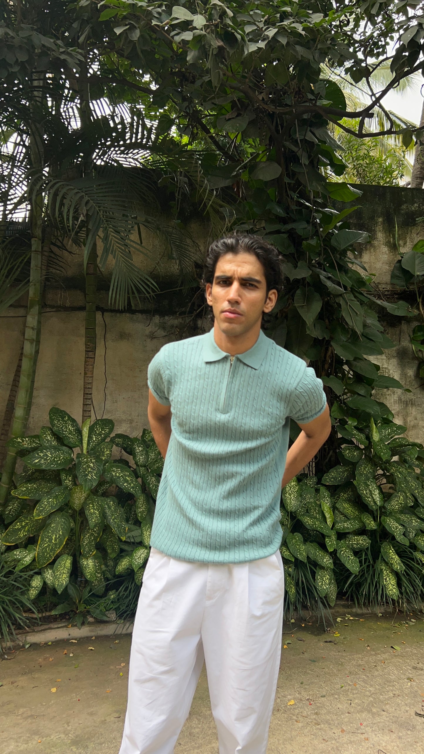 Ribbed Design Zipper Polo T-Shirt – Mint Green