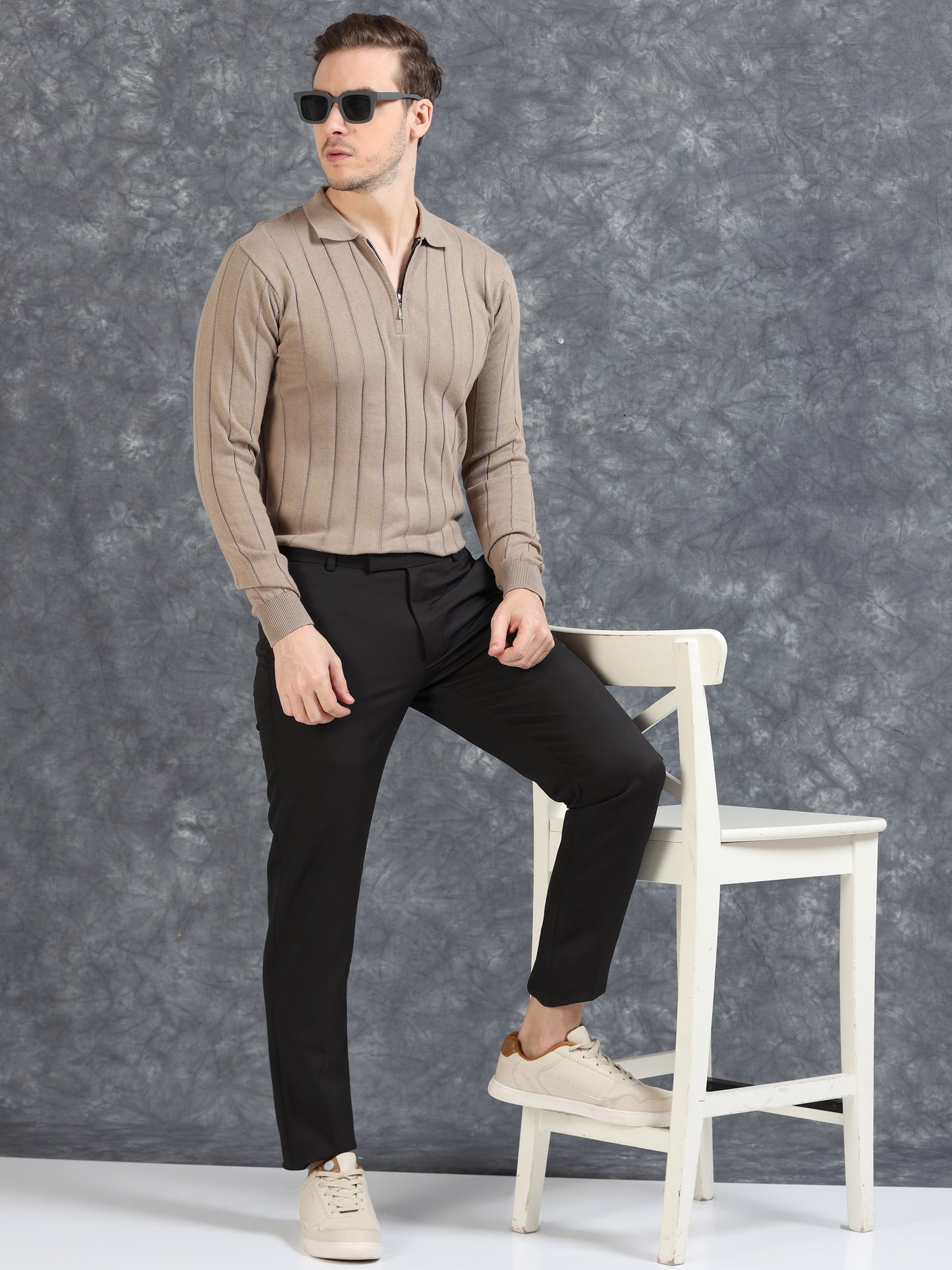 Ribbed Texture Full Sleeve T-Shirt Beige