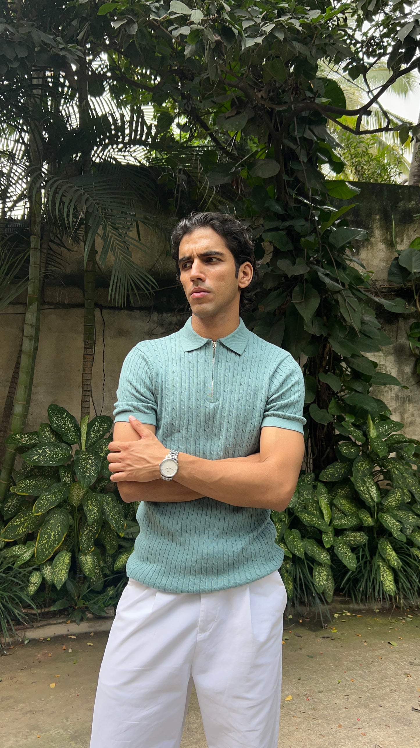 Ribbed Design Zipper Polo T-Shirt – Mint Green