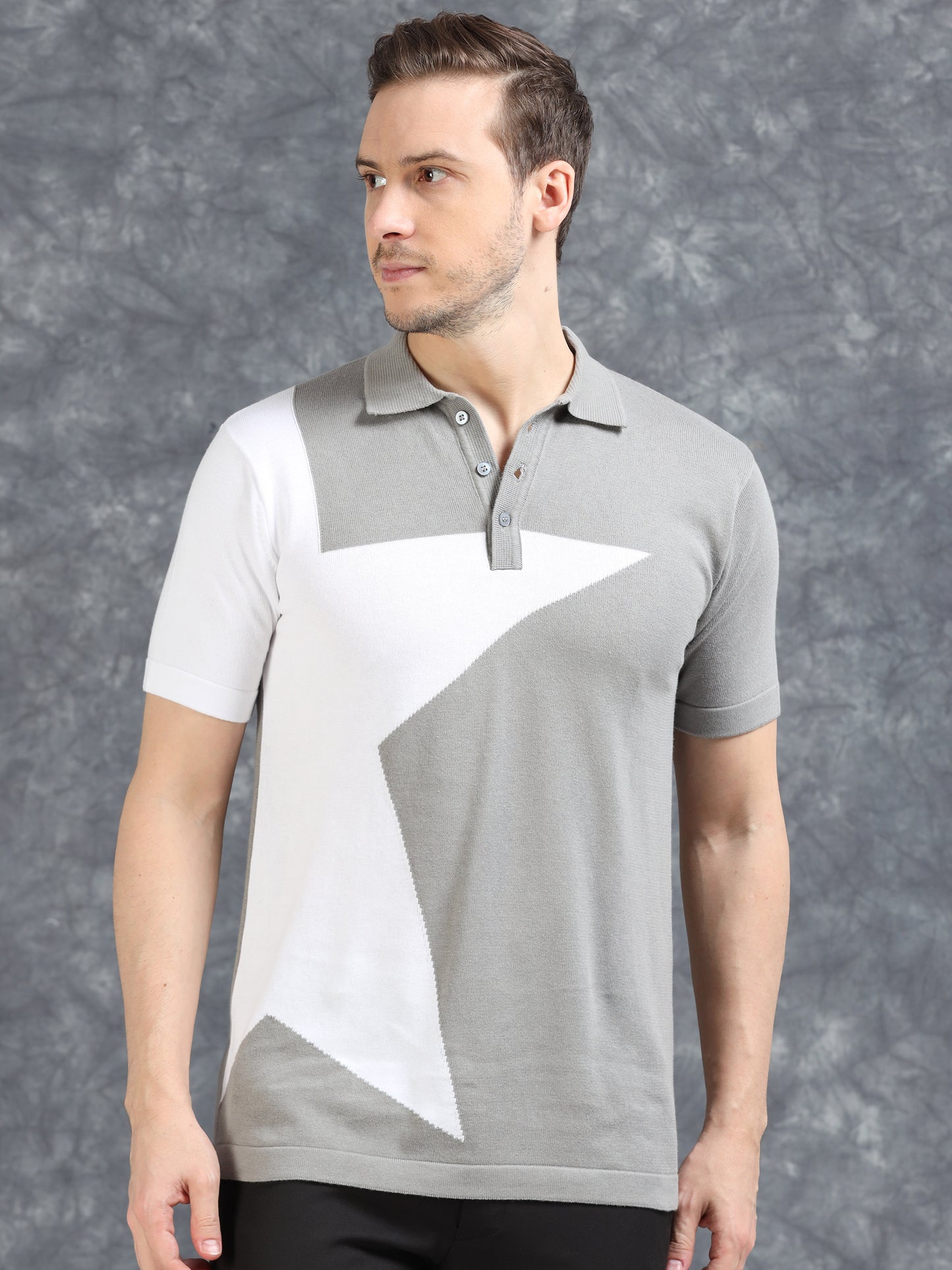 Half Star Design Polo T-Shirt Grey