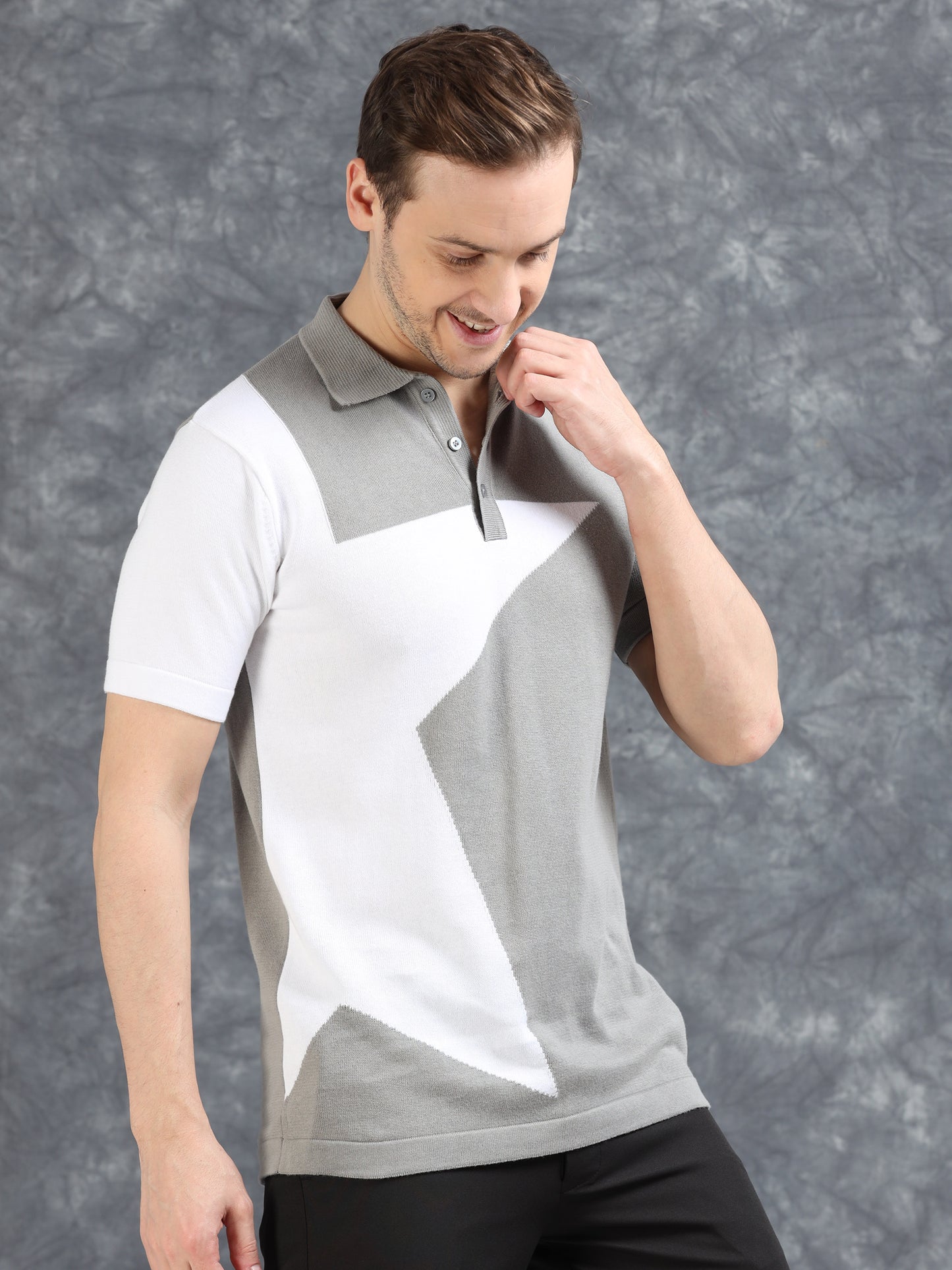 Half Star Design Polo T-Shirt Grey