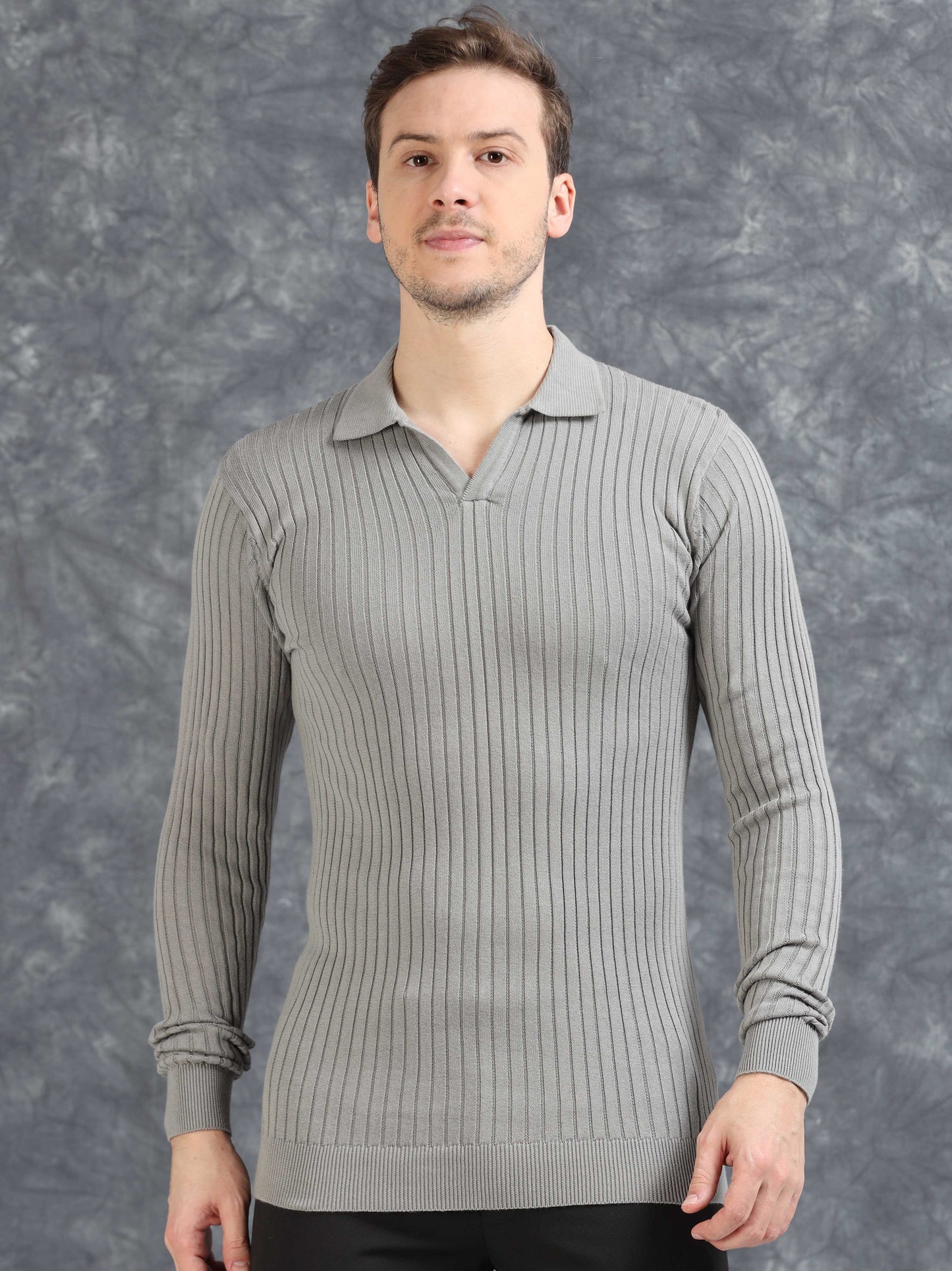 Ribbed Texture Full Sleeve Polo T-Shirt Grey