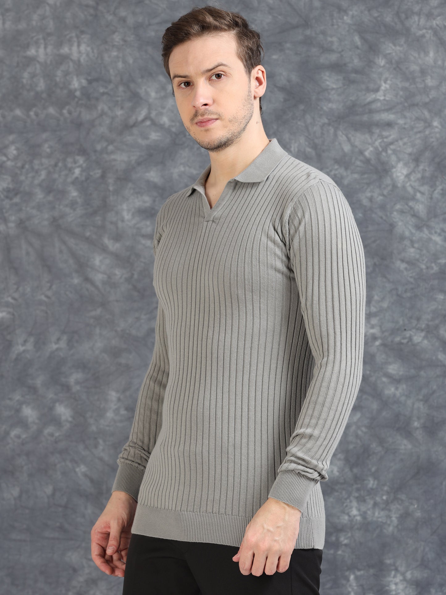Ribbed Texture Full Sleeve Polo T-Shirt Grey