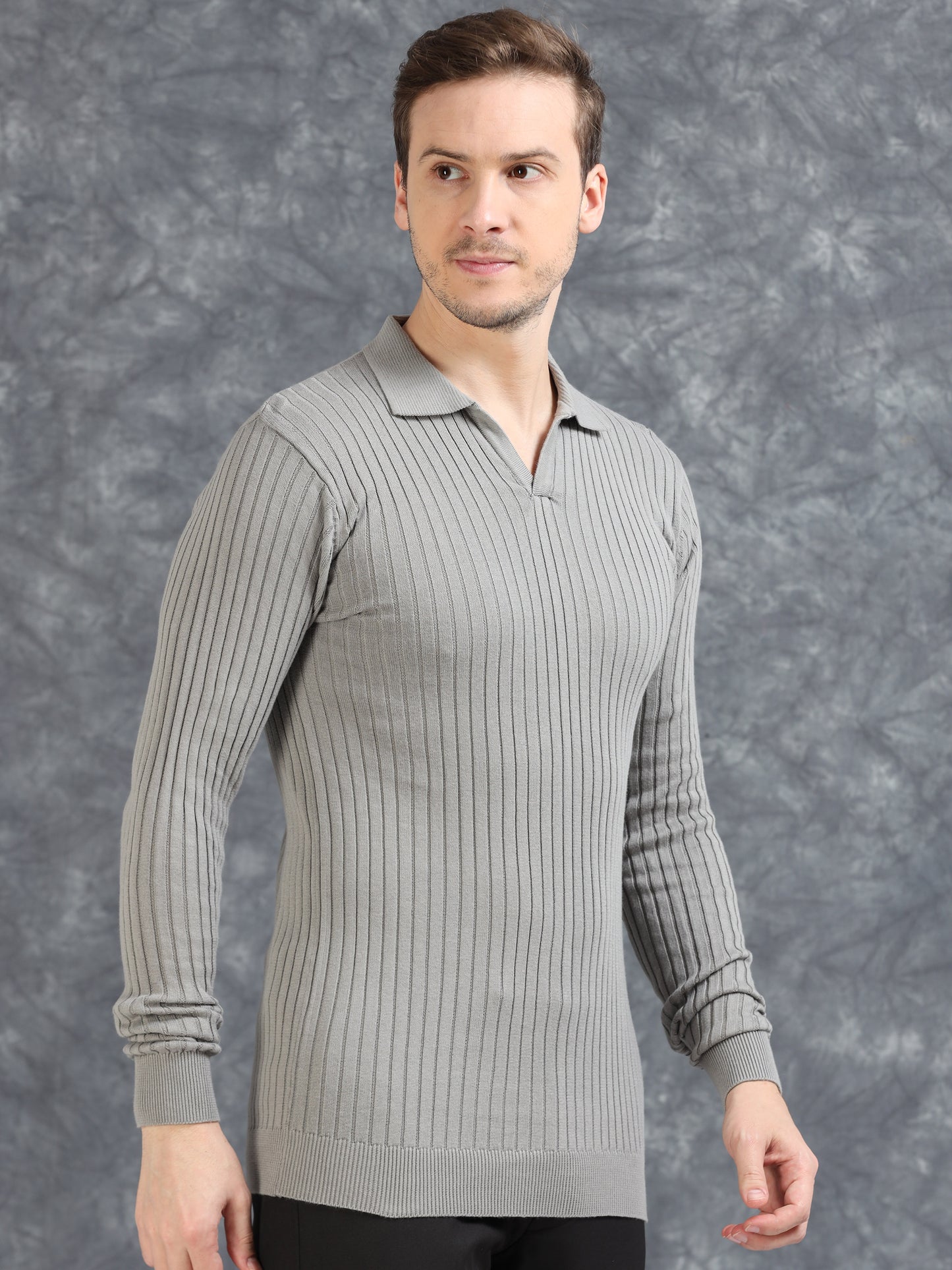 Ribbed Texture Full Sleeve Polo T-Shirt Grey