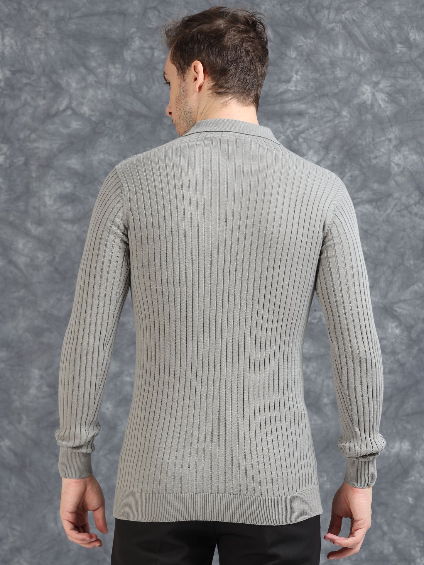 Ribbed Texture Full Sleeve Polo T-Shirt Grey
