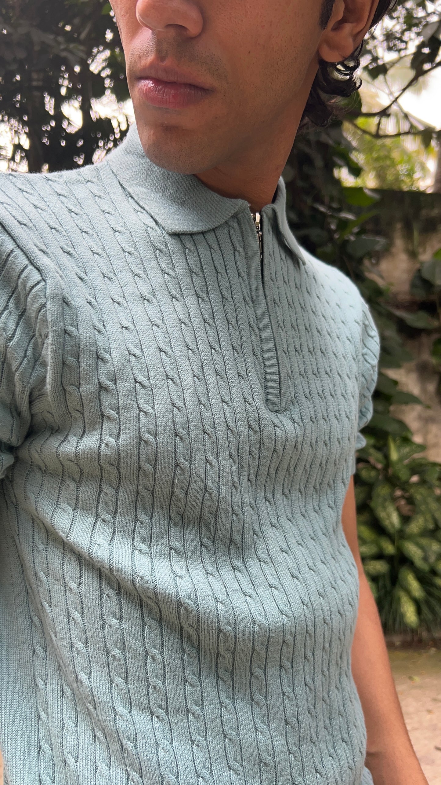 Ribbed Design Zipper Polo T-Shirt – Mint Green