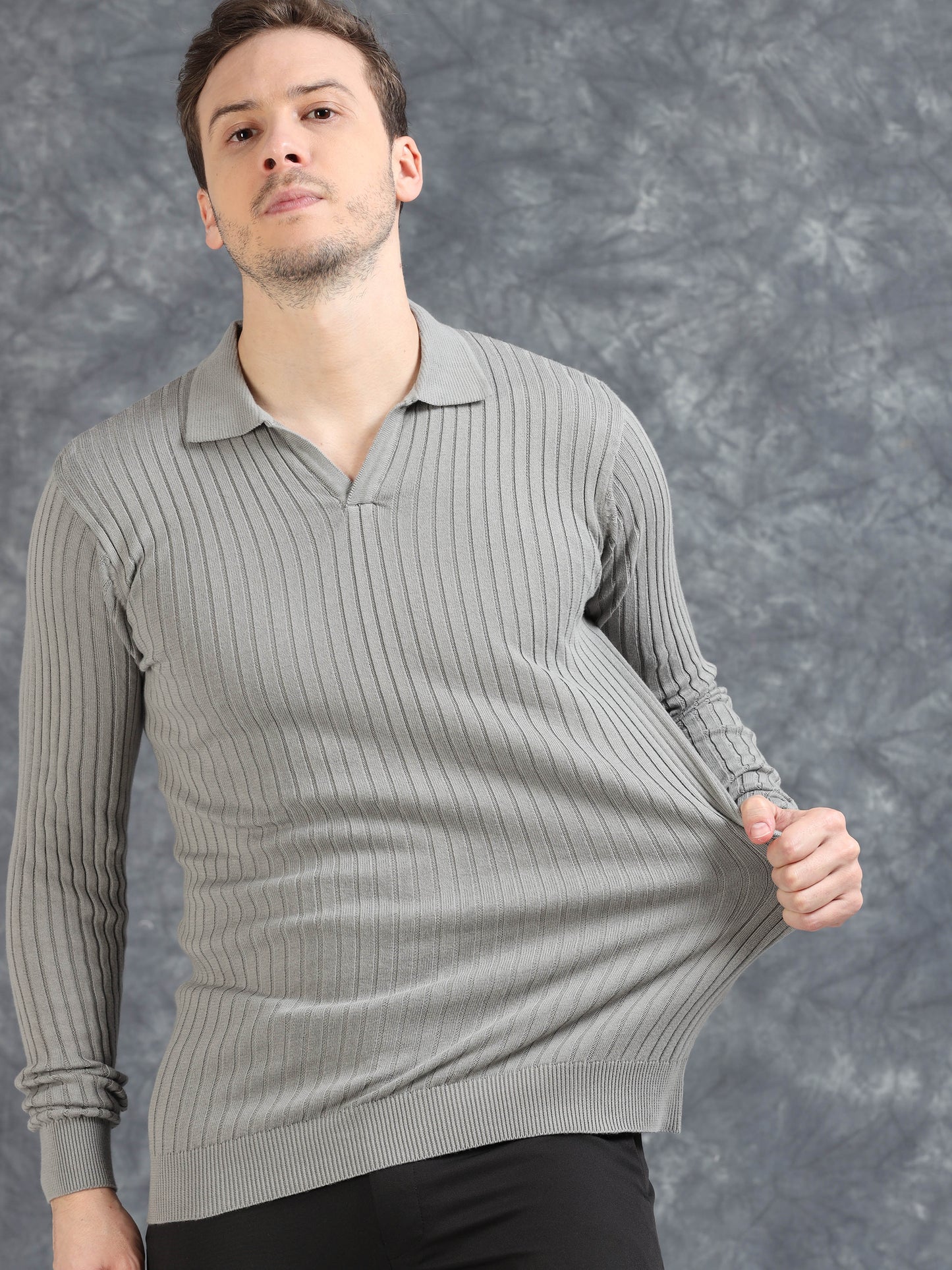 Ribbed Texture Full Sleeve Polo T-Shirt Grey