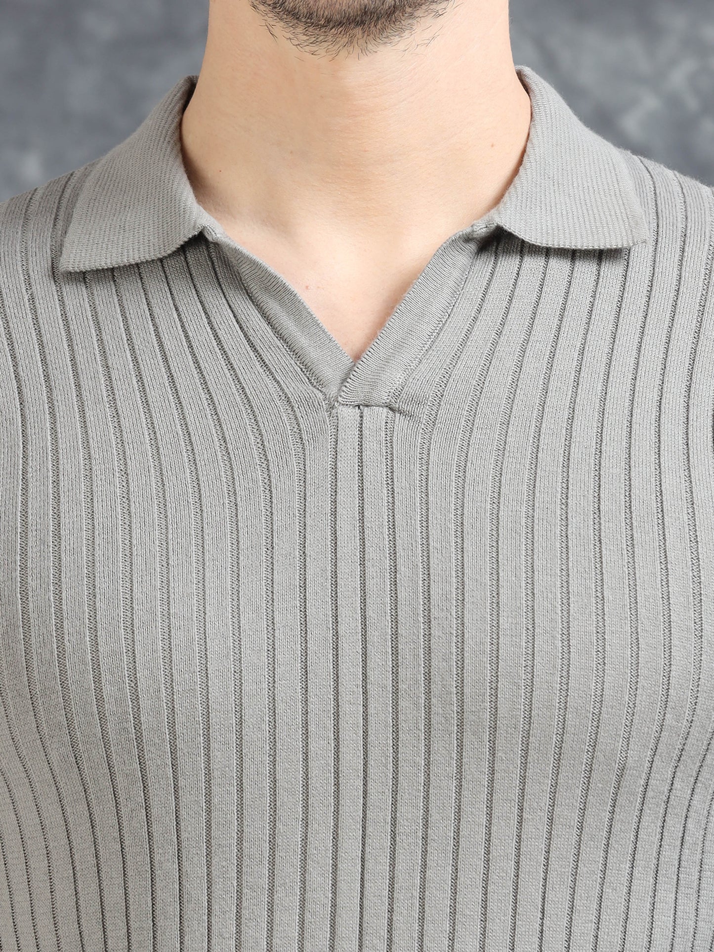 Ribbed Texture Full Sleeve Polo T-Shirt Grey