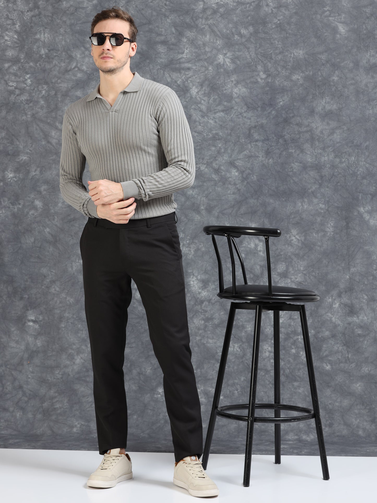 Ribbed Texture Full Sleeve Polo T-Shirt Grey