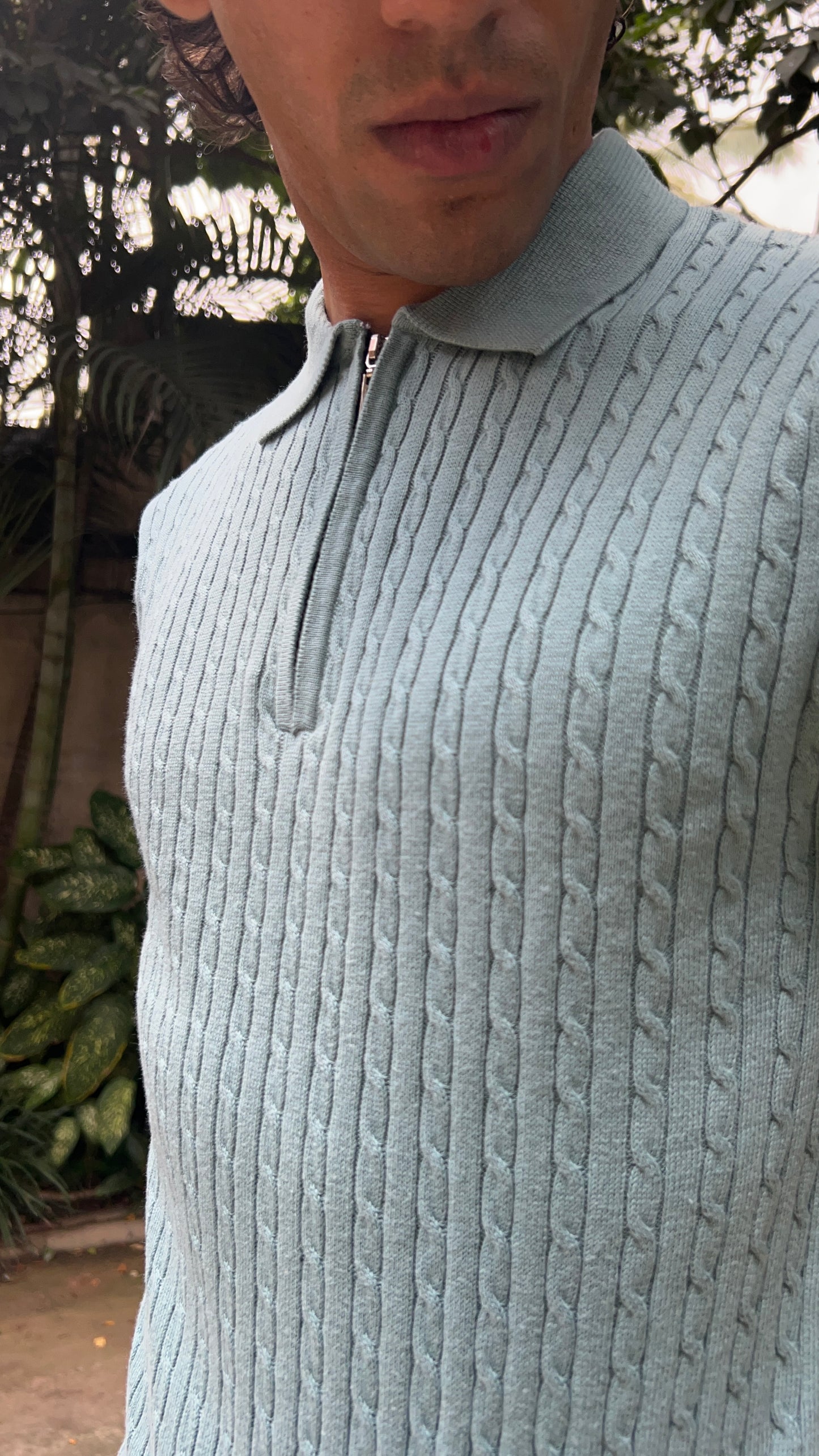 Ribbed Design Zipper Polo T-Shirt – Mint Green