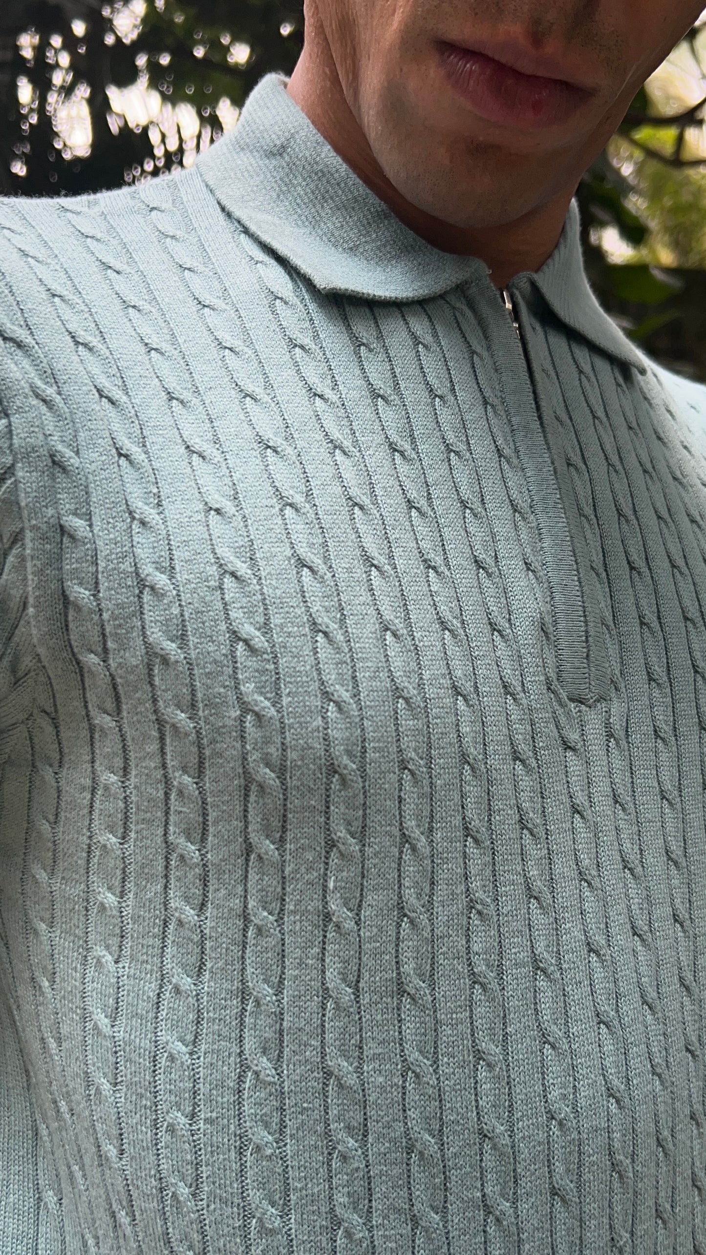 Ribbed Design Zipper Polo T-Shirt – Mint Green