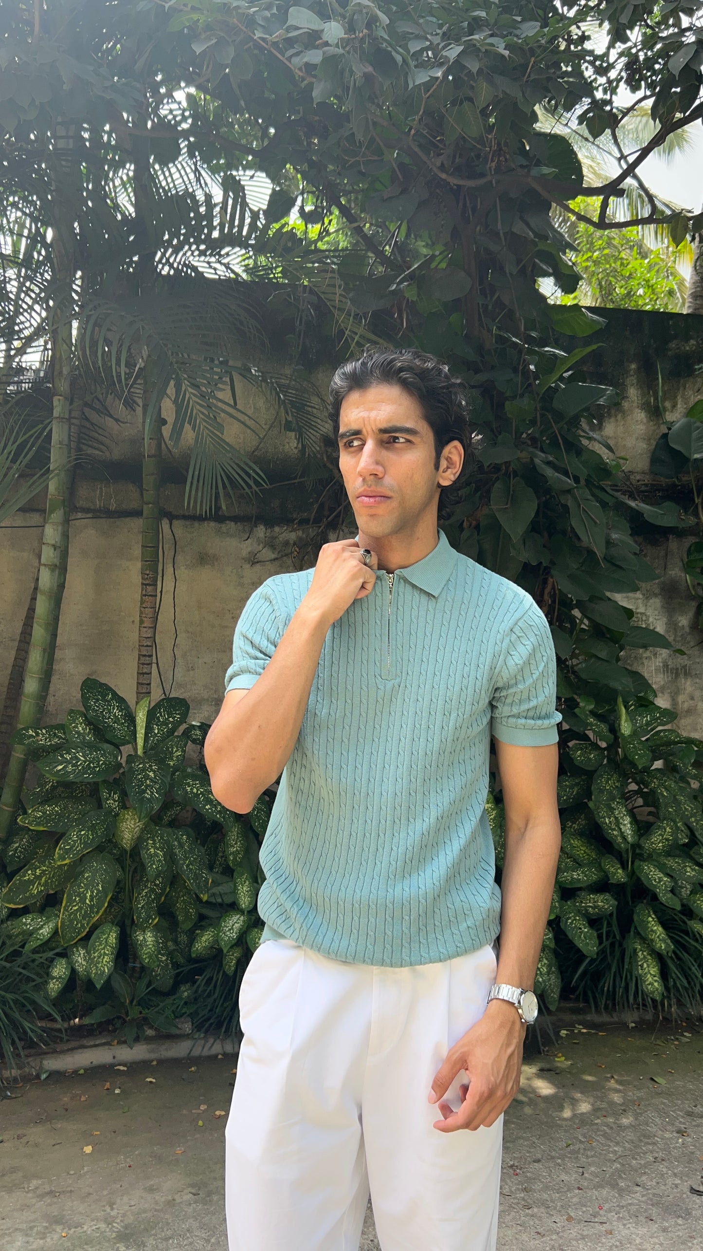 Ribbed Design Zipper Polo T-Shirt – Mint Green