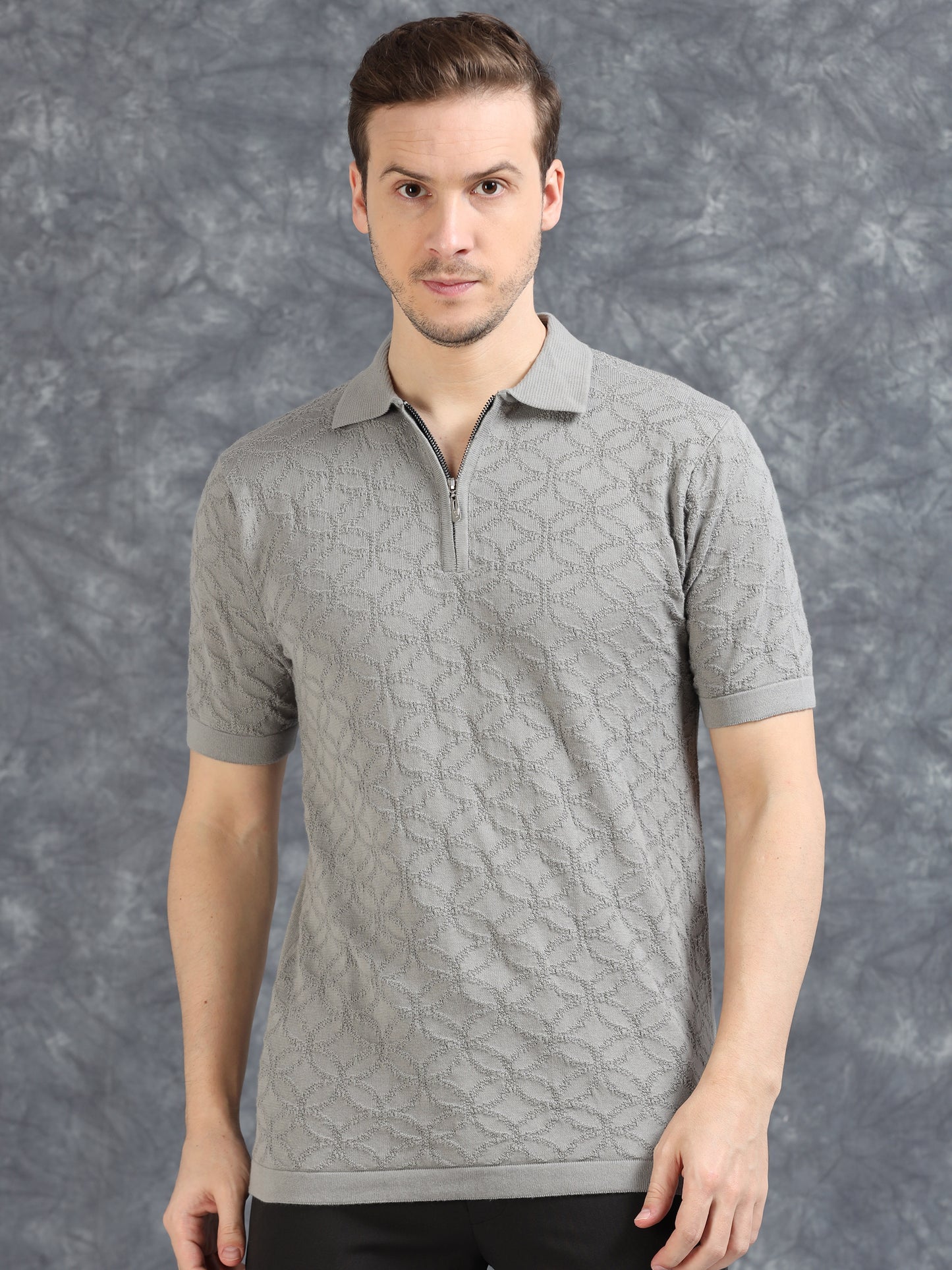 Ribbed Design Zipper Polo T-Shirt- Grey