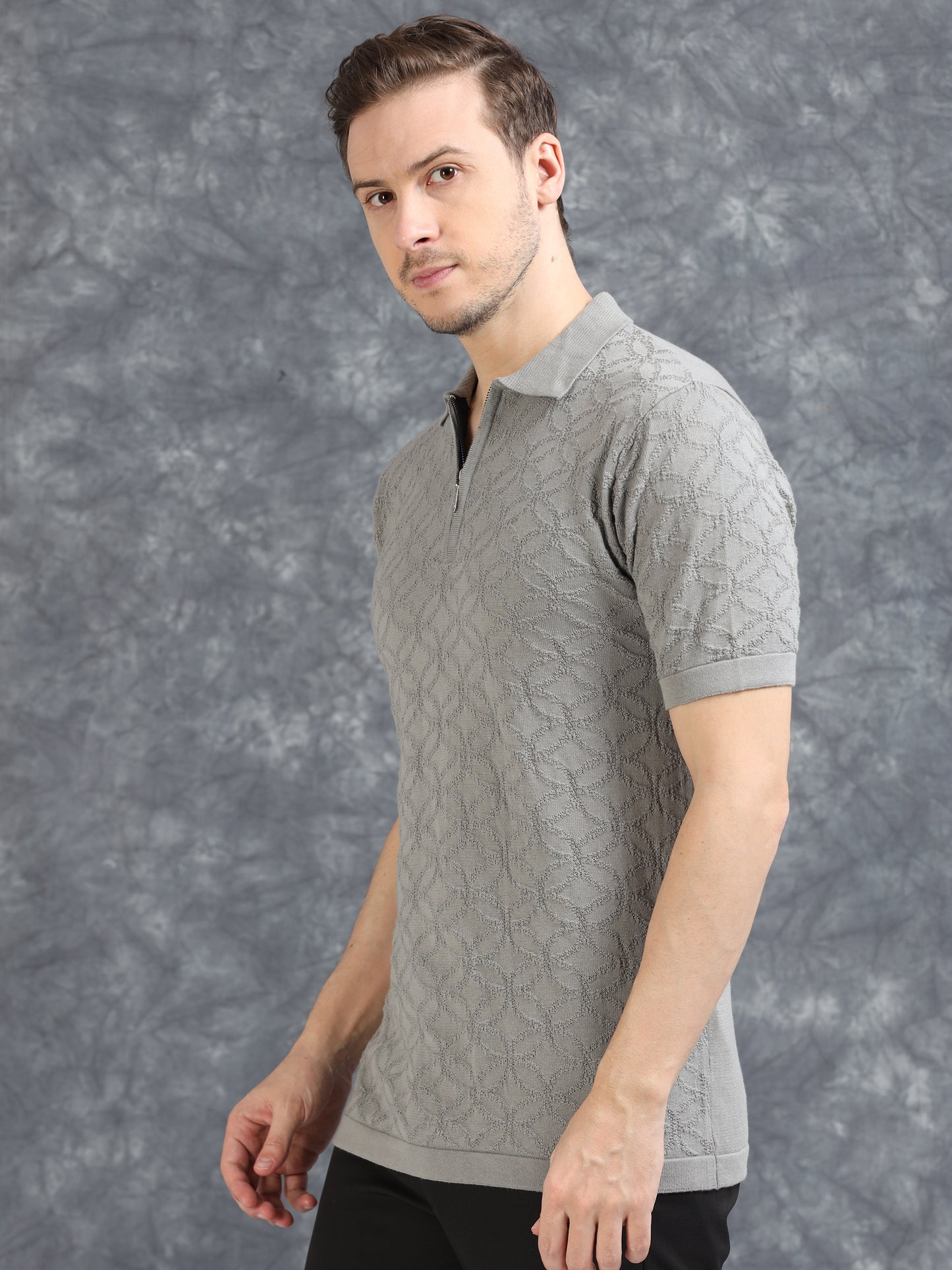 Ribbed Design Zipper Polo T-Shirt- Grey