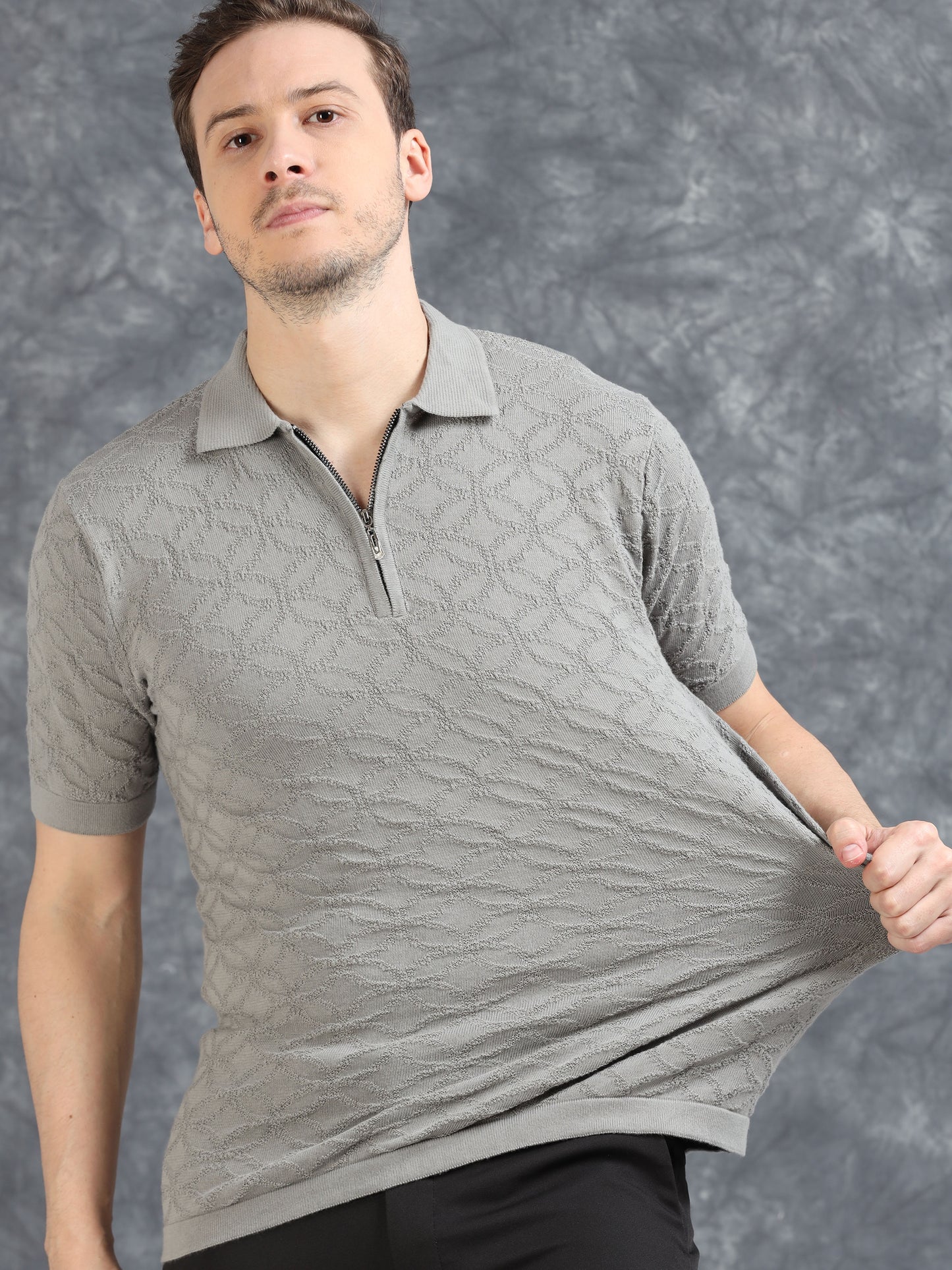 Ribbed Design Zipper Polo T-Shirt- Grey