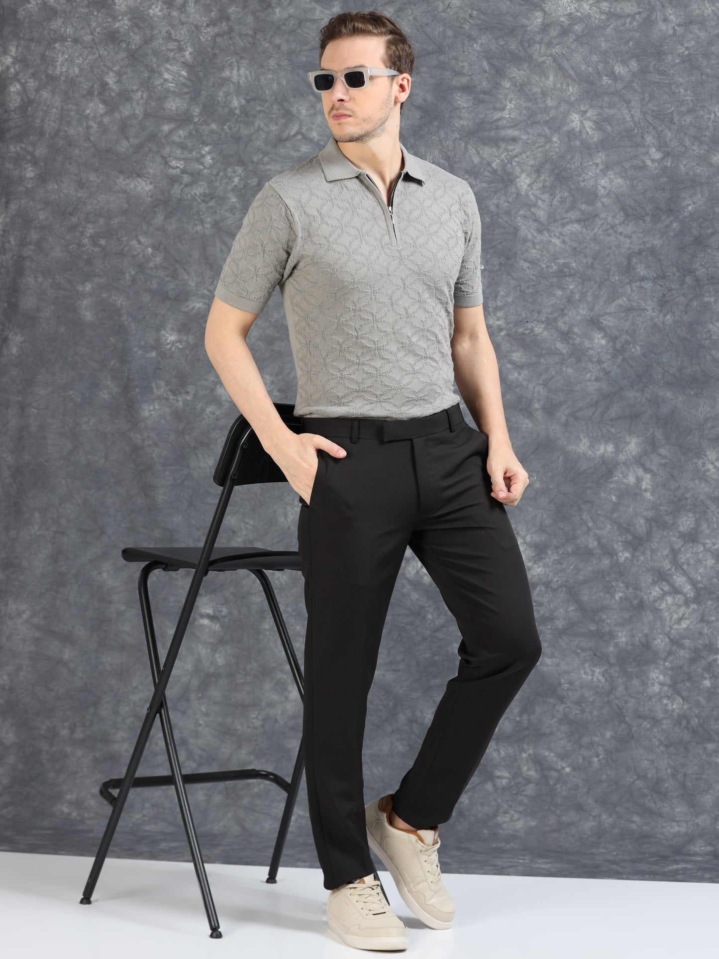 Ribbed Design Zipper Polo T-Shirt- Grey
