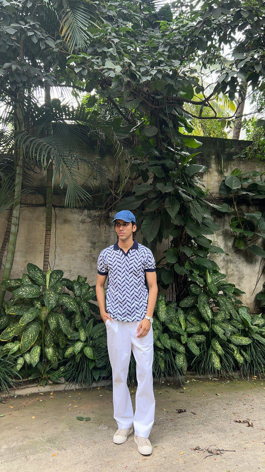 Geometric Pattern Knit Polo T-Shirt – Navy & White