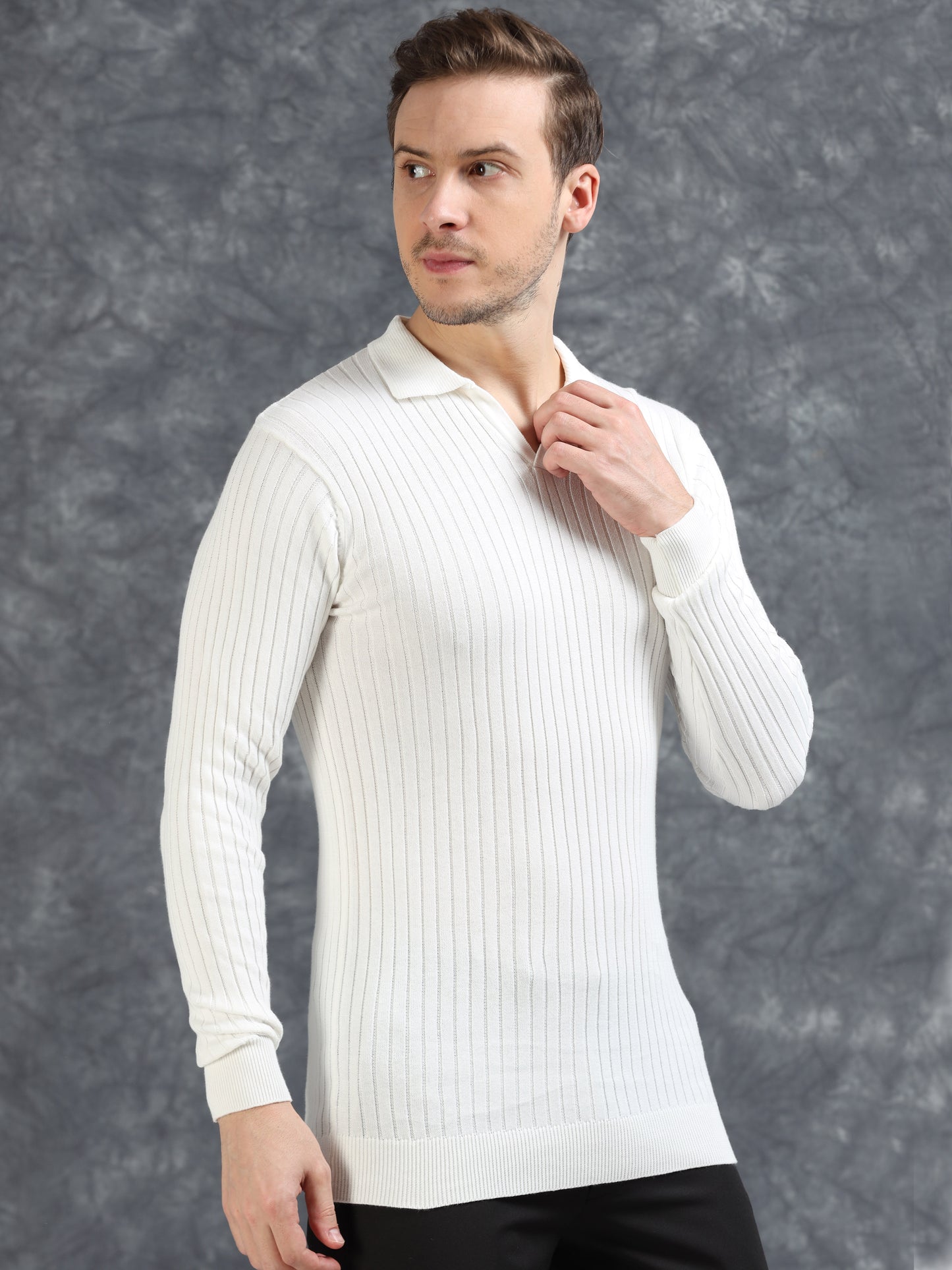 Ribbed Texture Full Sleeve T-Shirt White