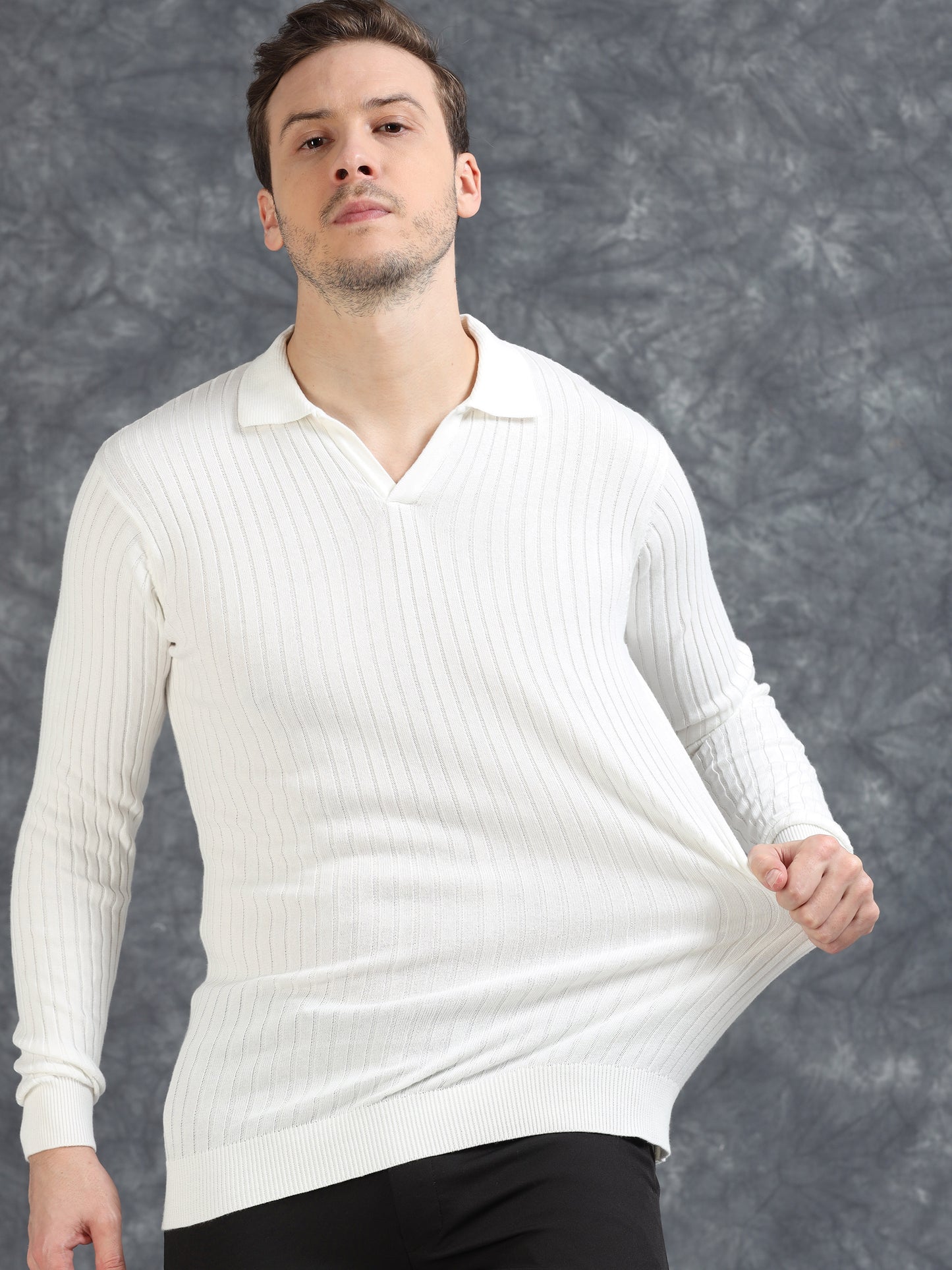 Ribbed Texture Full Sleeve T-Shirt White