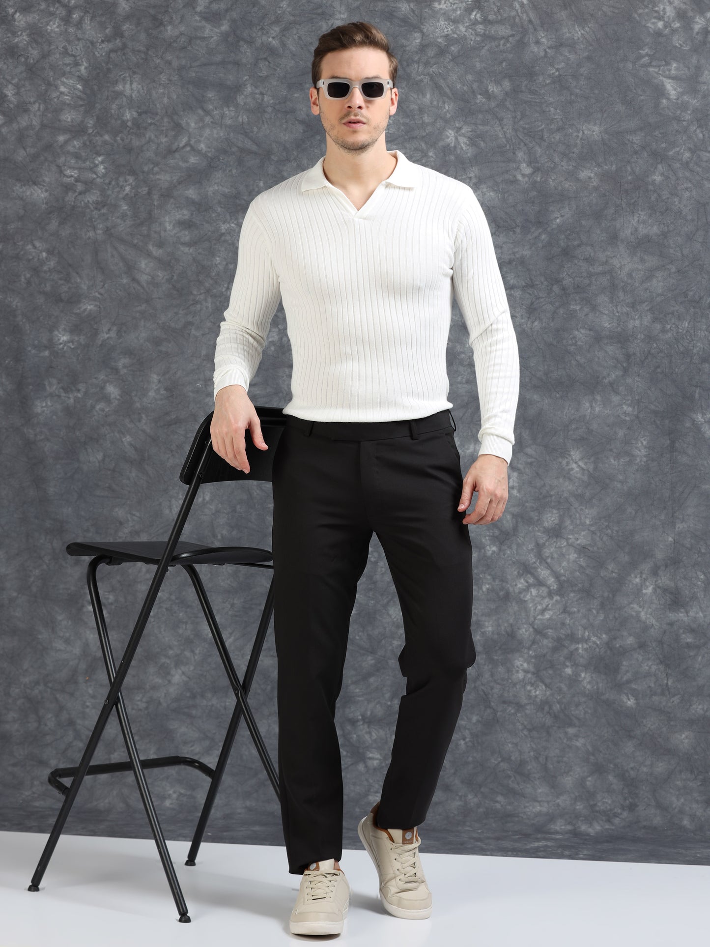 Ribbed Texture Full Sleeve T-Shirt White