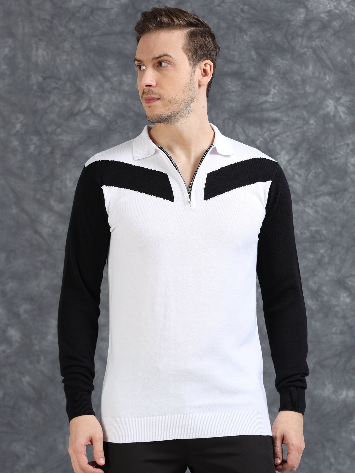 Pannel Design Full Sleeve Zipper Polo - White