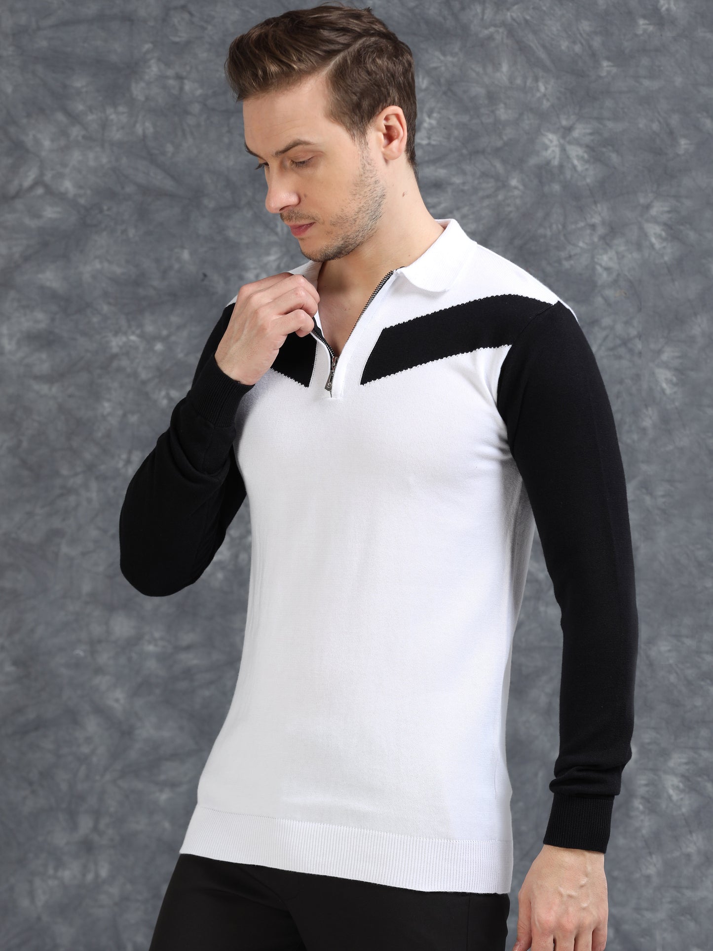 Pannel Design Full Sleeve Zipper Polo - White