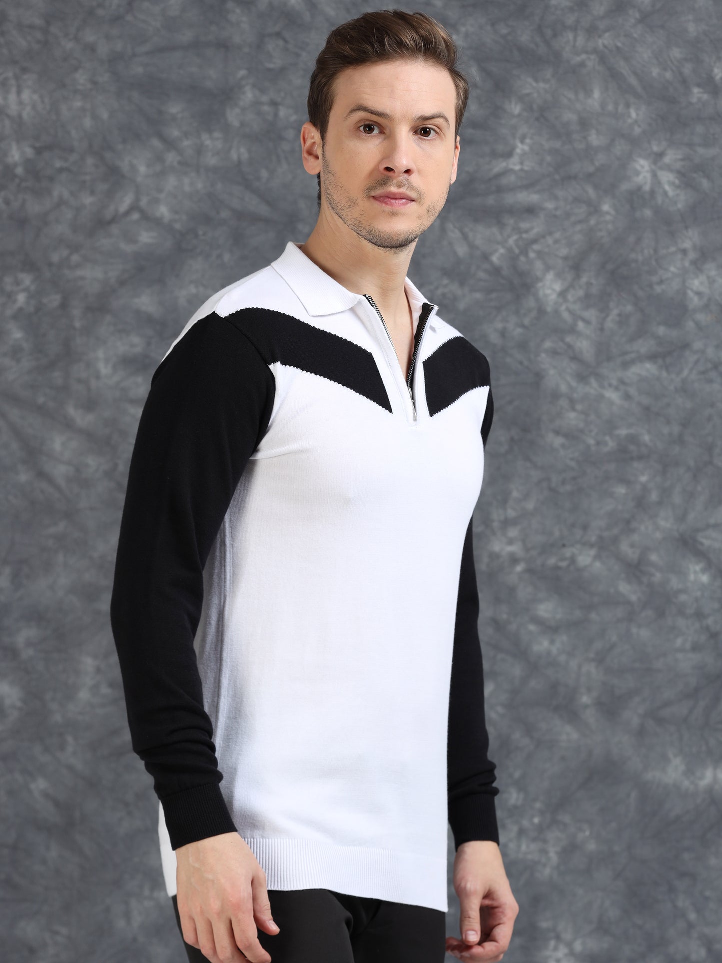 Pannel Design Full Sleeve Zipper Polo - White