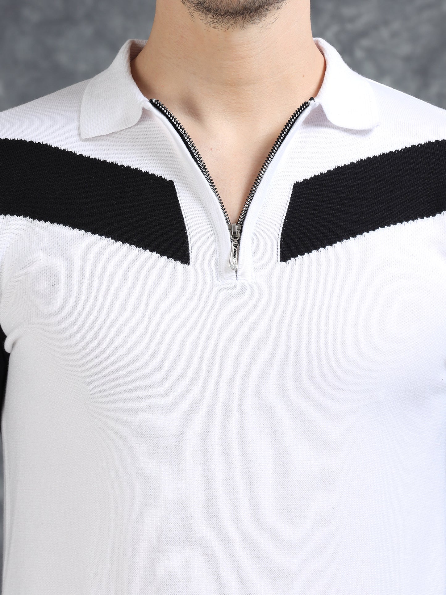 Pannel Design Full Sleeve Zipper Polo - White