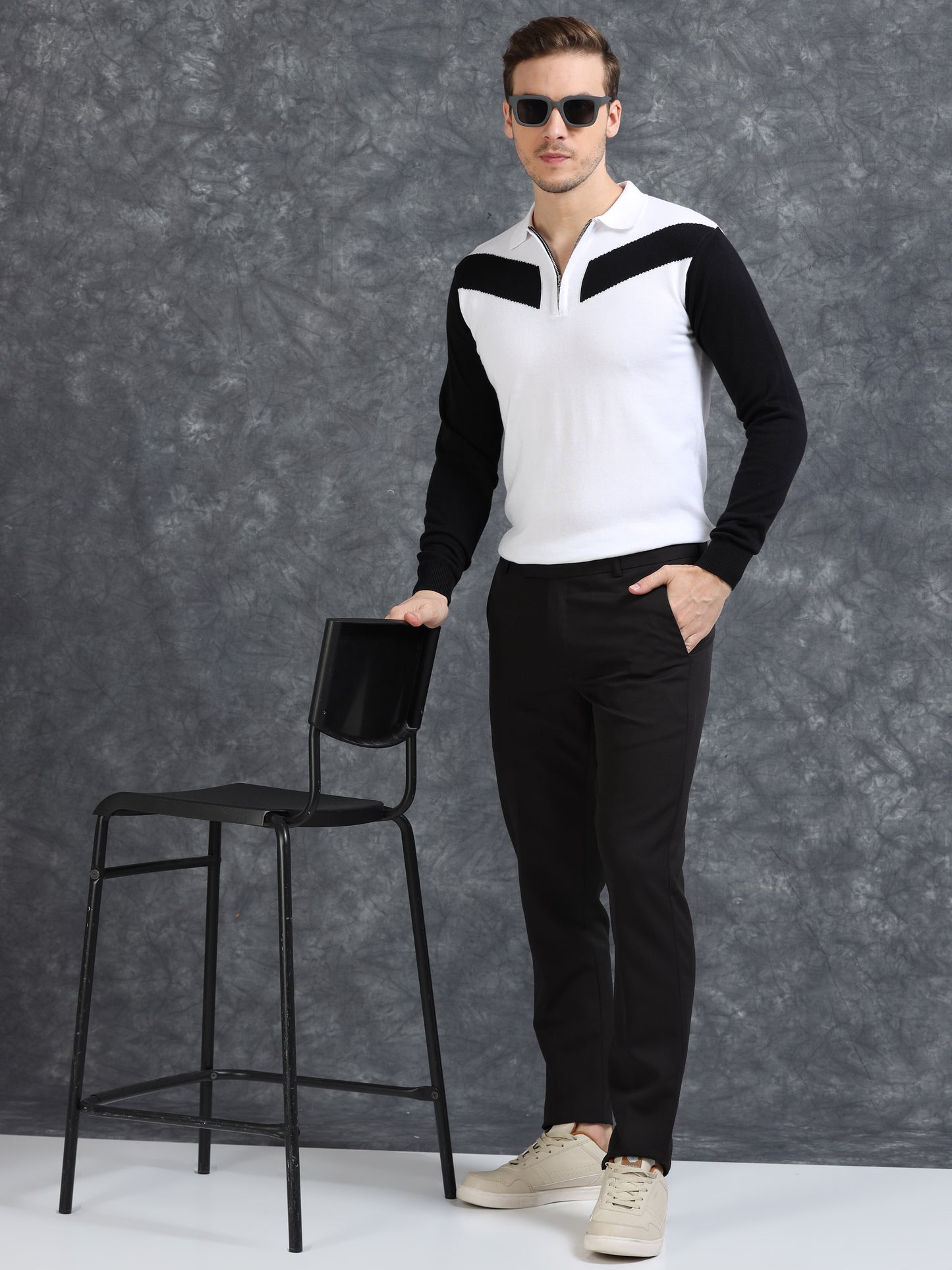 Pannel Design Full Sleeve Zipper Polo - White