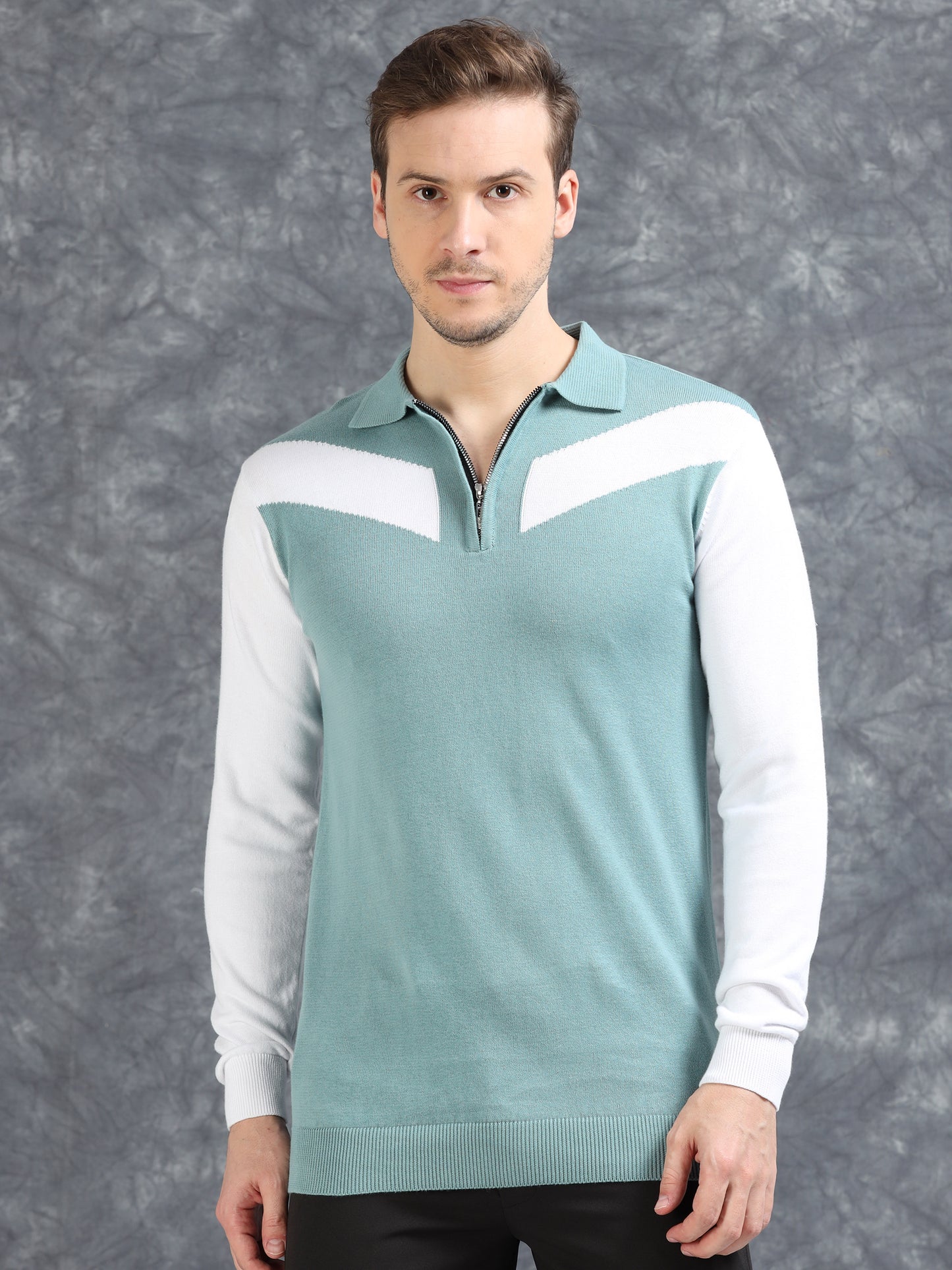 Pannel Design Full Sleeve Zipper Polo - Sky Blue