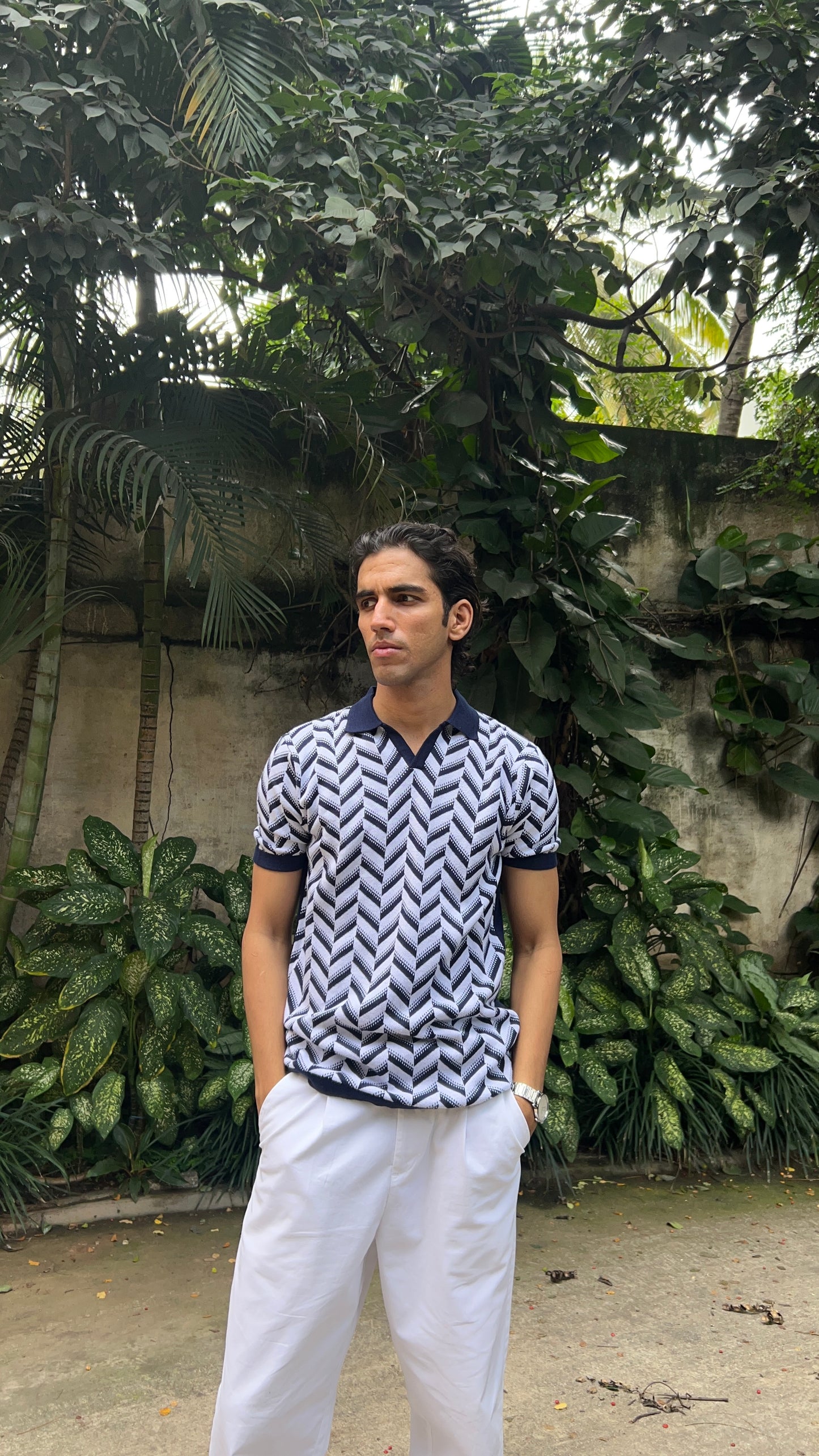 Geometric Pattern Knit Polo T-Shirt – Navy & White