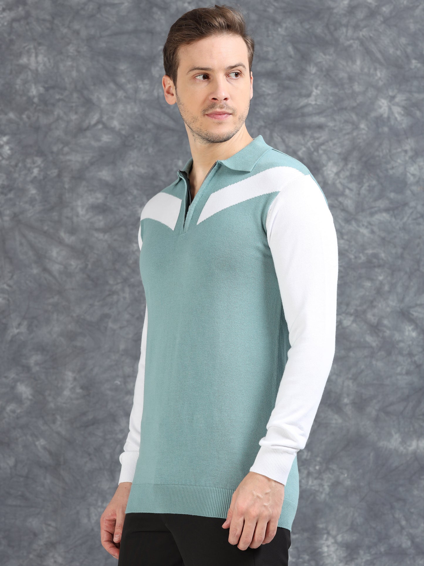 Pannel Design Full Sleeve Zipper Polo - Sky Blue