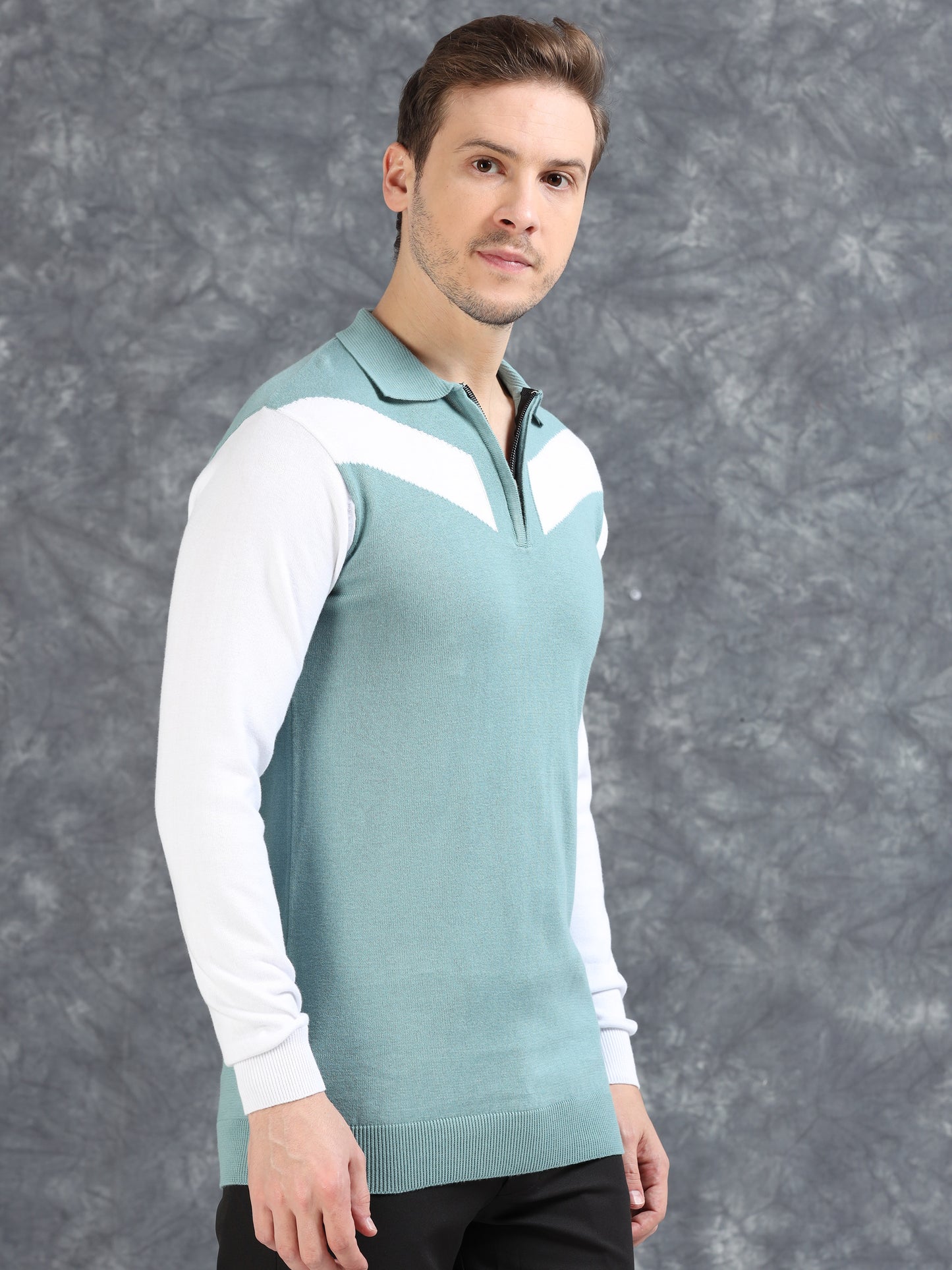 Pannel Design Full Sleeve Zipper Polo - Sky Blue
