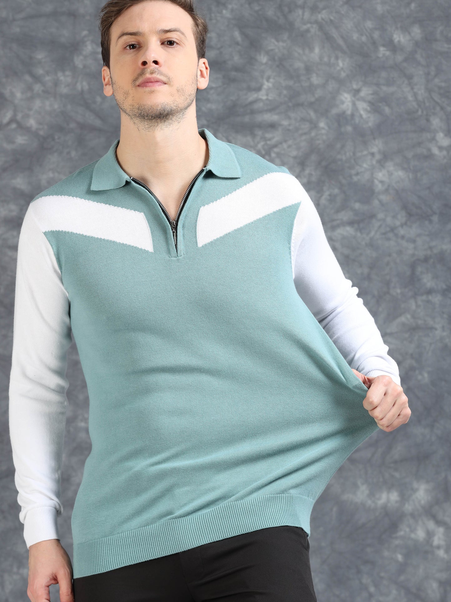 Pannel Design Full Sleeve Zipper Polo - Sky Blue