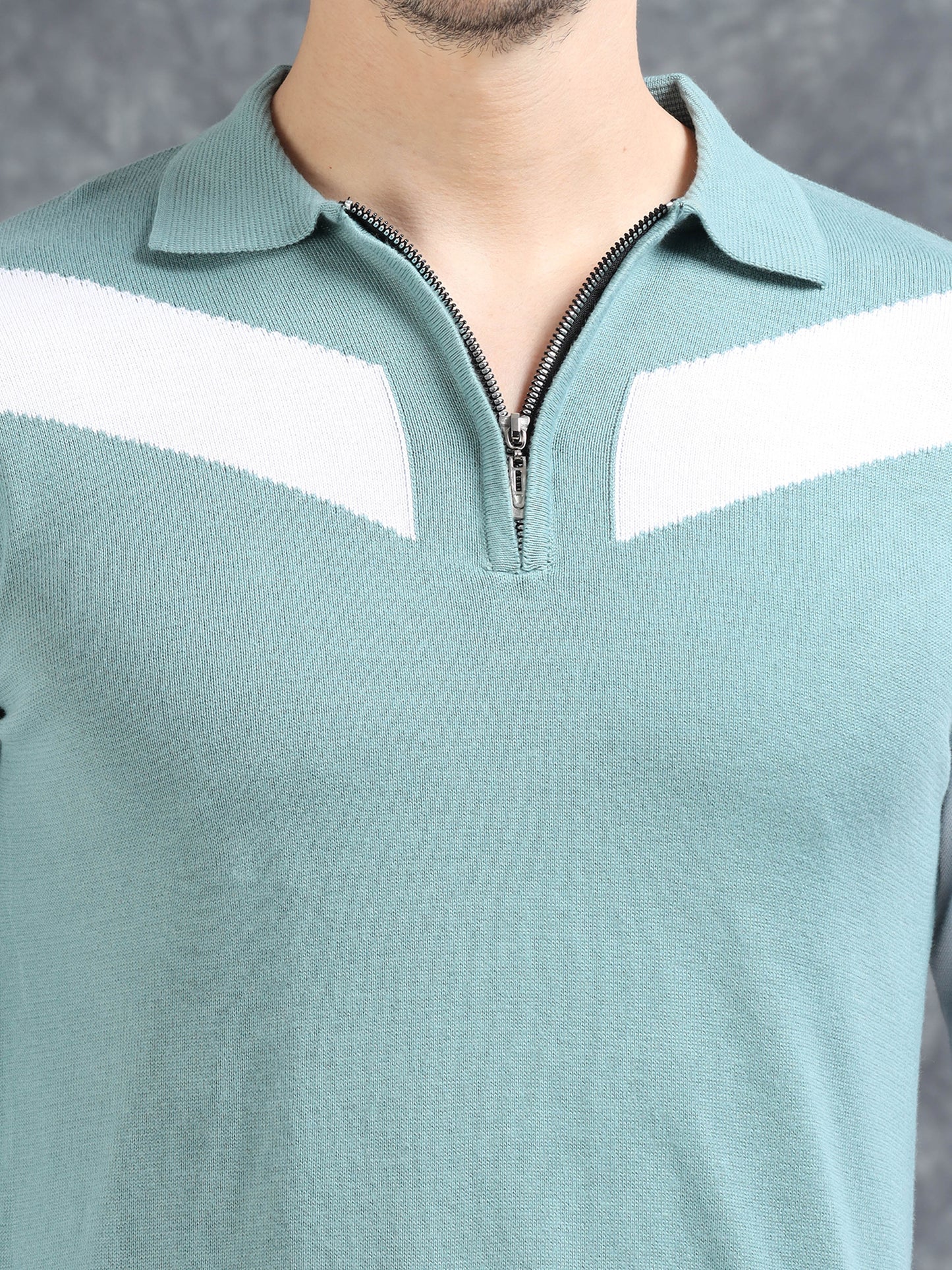 Pannel Design Full Sleeve Zipper Polo - Sky Blue