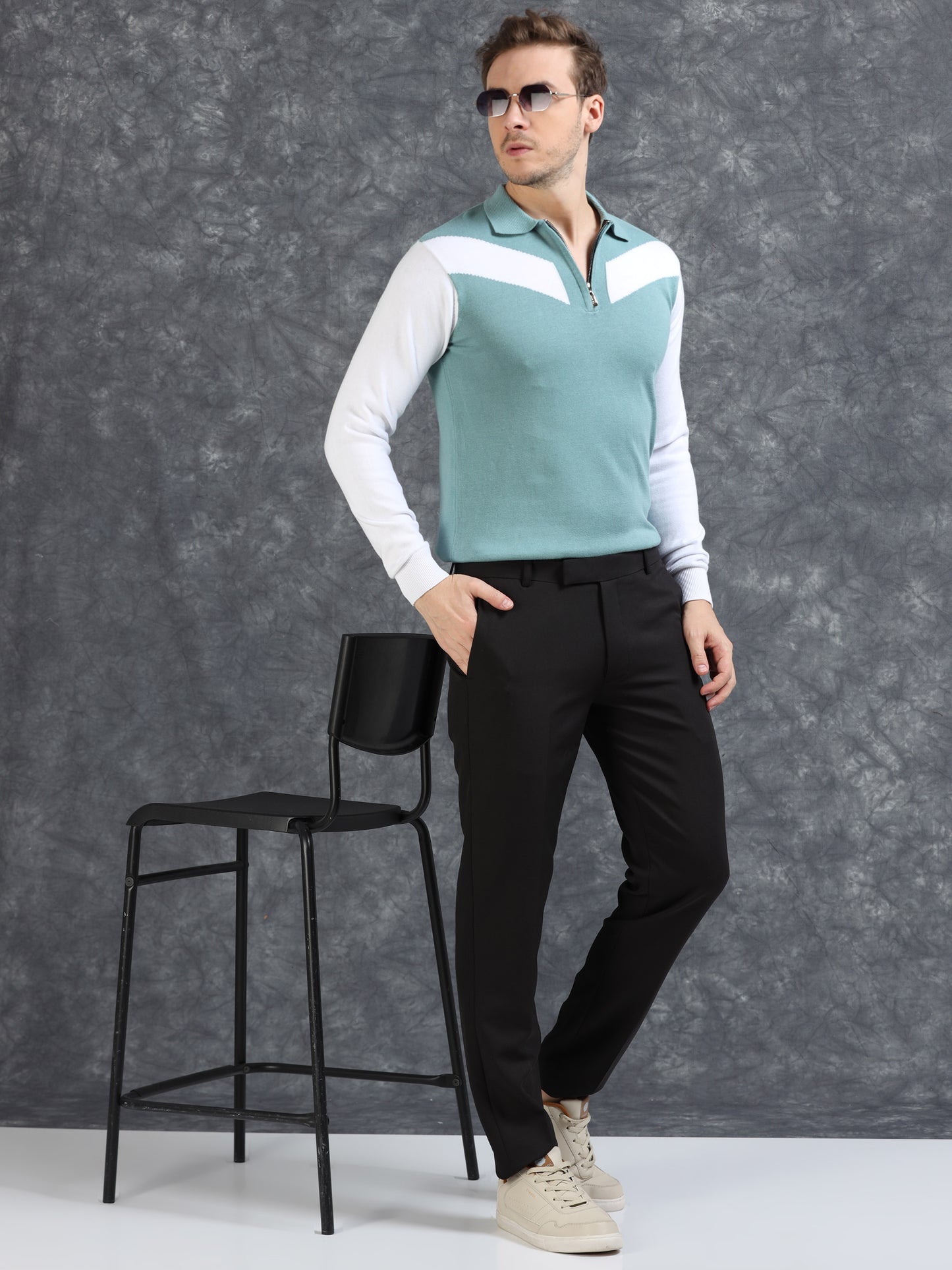 Pannel Design Full Sleeve Zipper Polo - Sky Blue