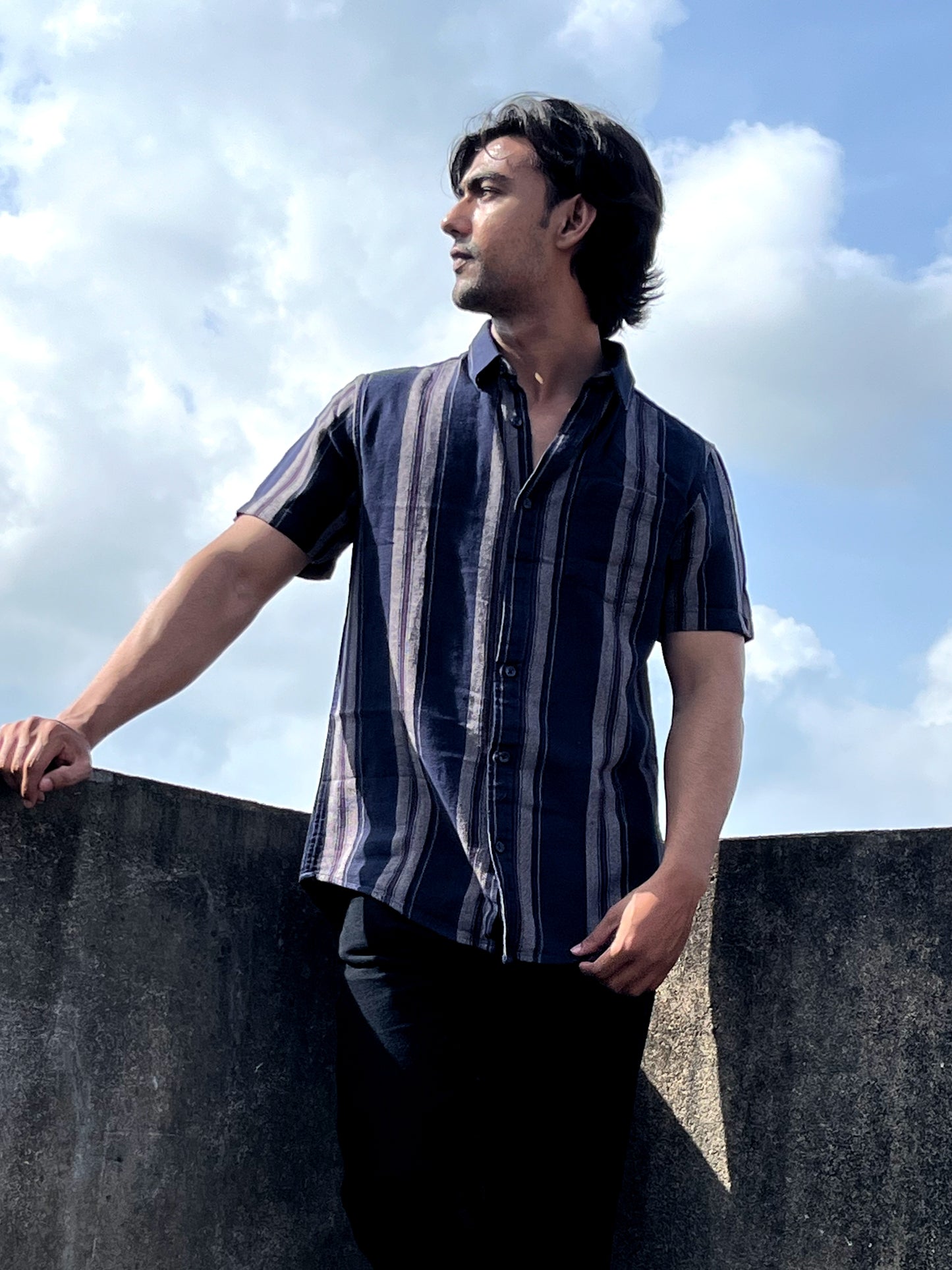 Half-Sleeve Deep Navy Multi-Stripe Textured Shirt