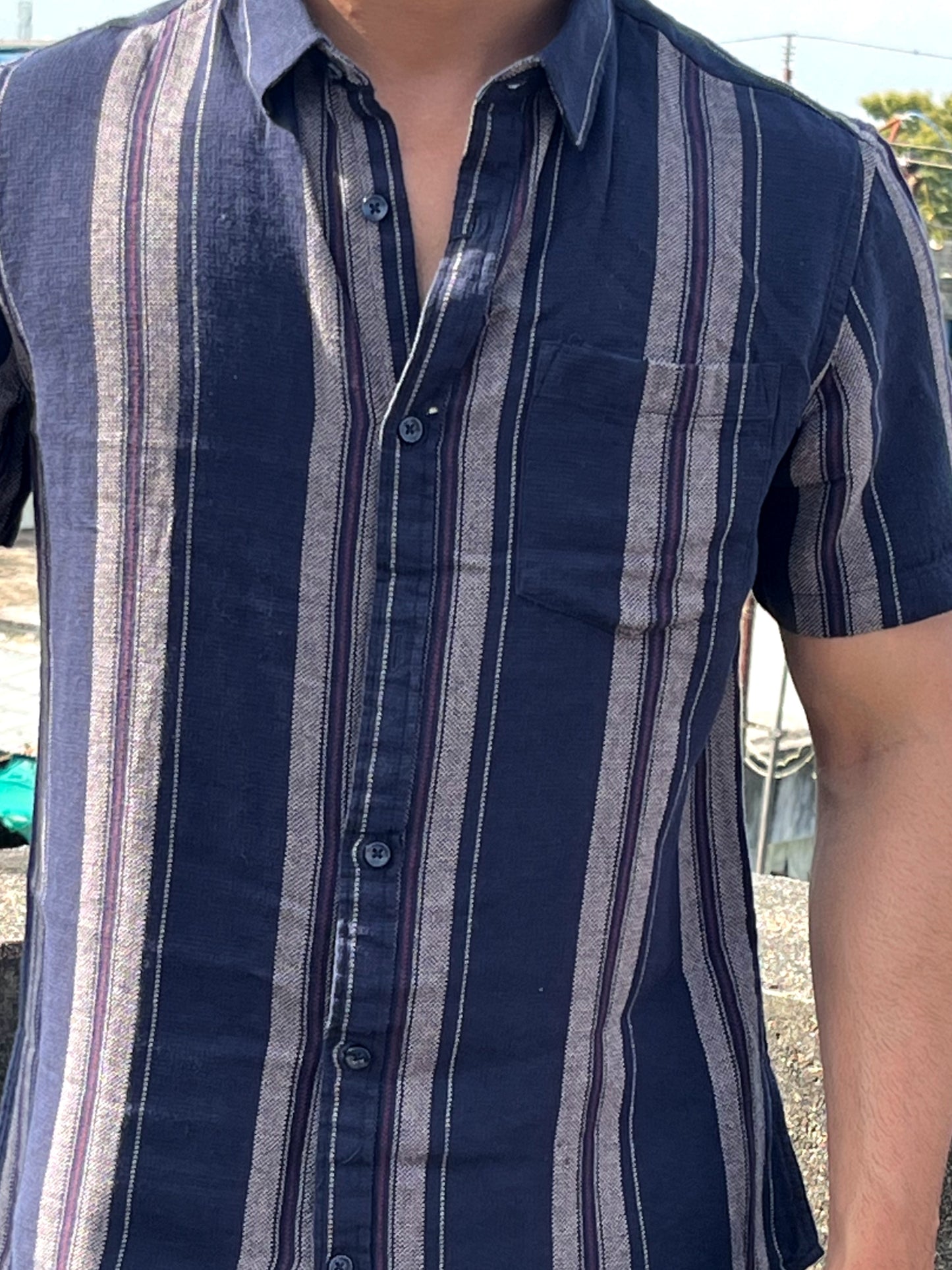 Half-Sleeve Deep Navy Multi-Stripe Textured Shirt