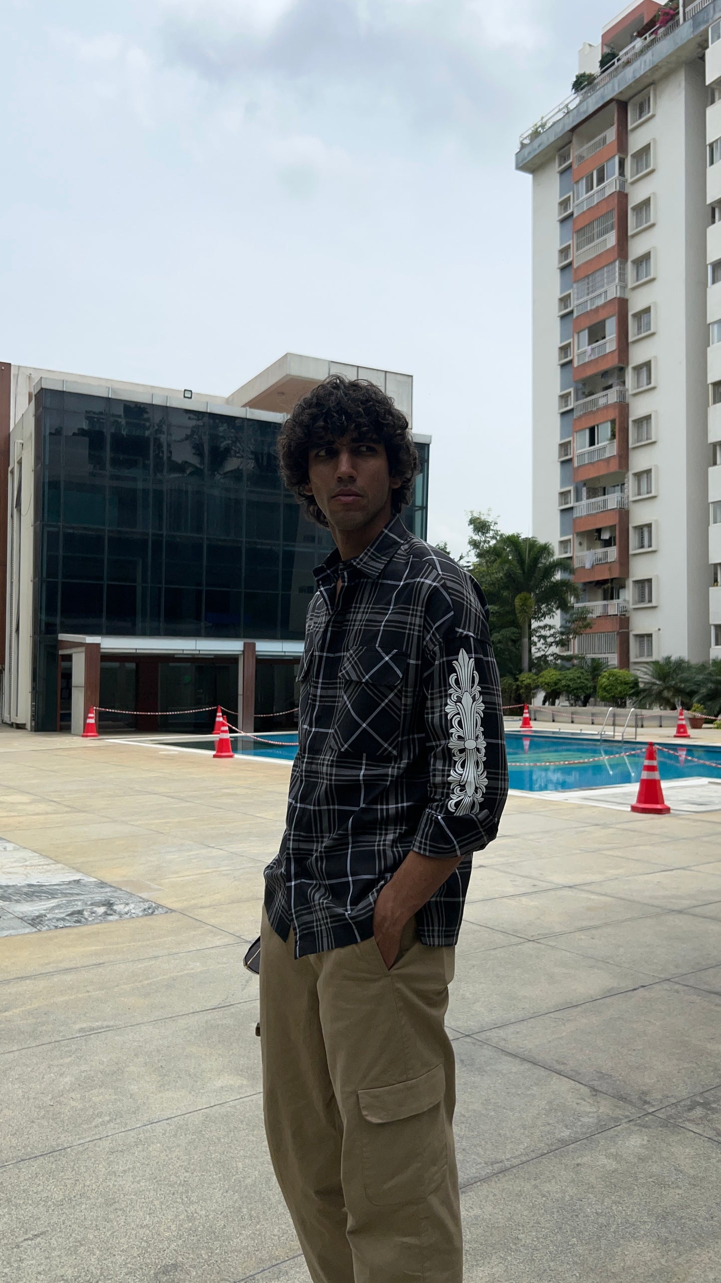 Black Plaid Shirt with Sleeve Print