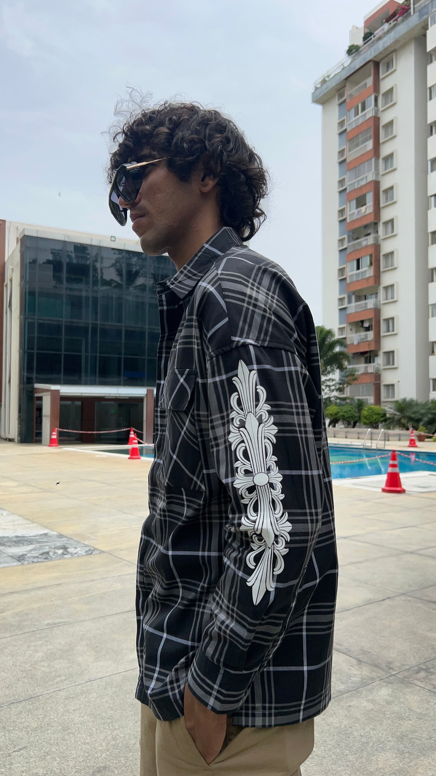 Black Plaid Shirt with Sleeve Print