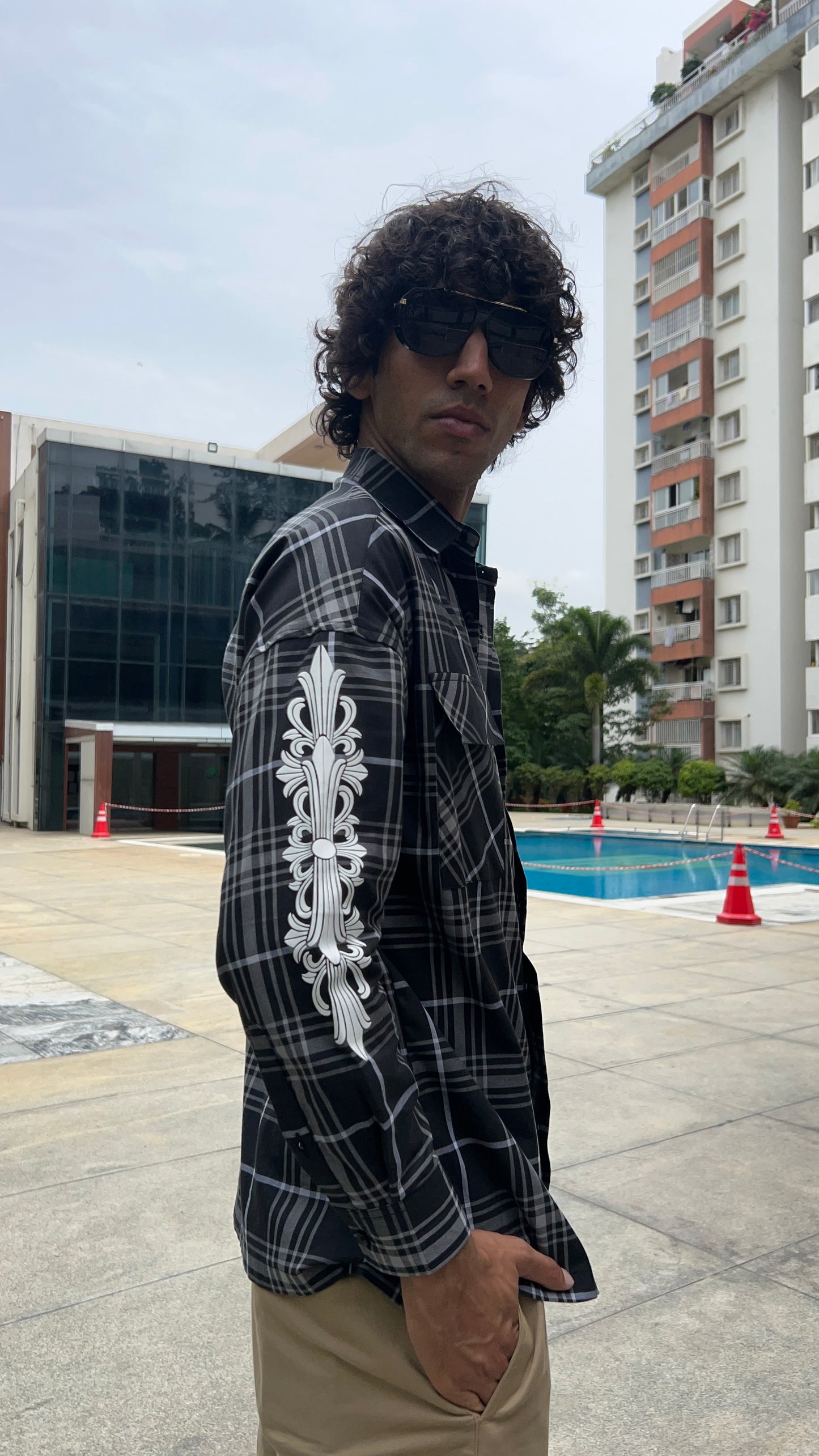 Black Plaid Shirt with Sleeve Print