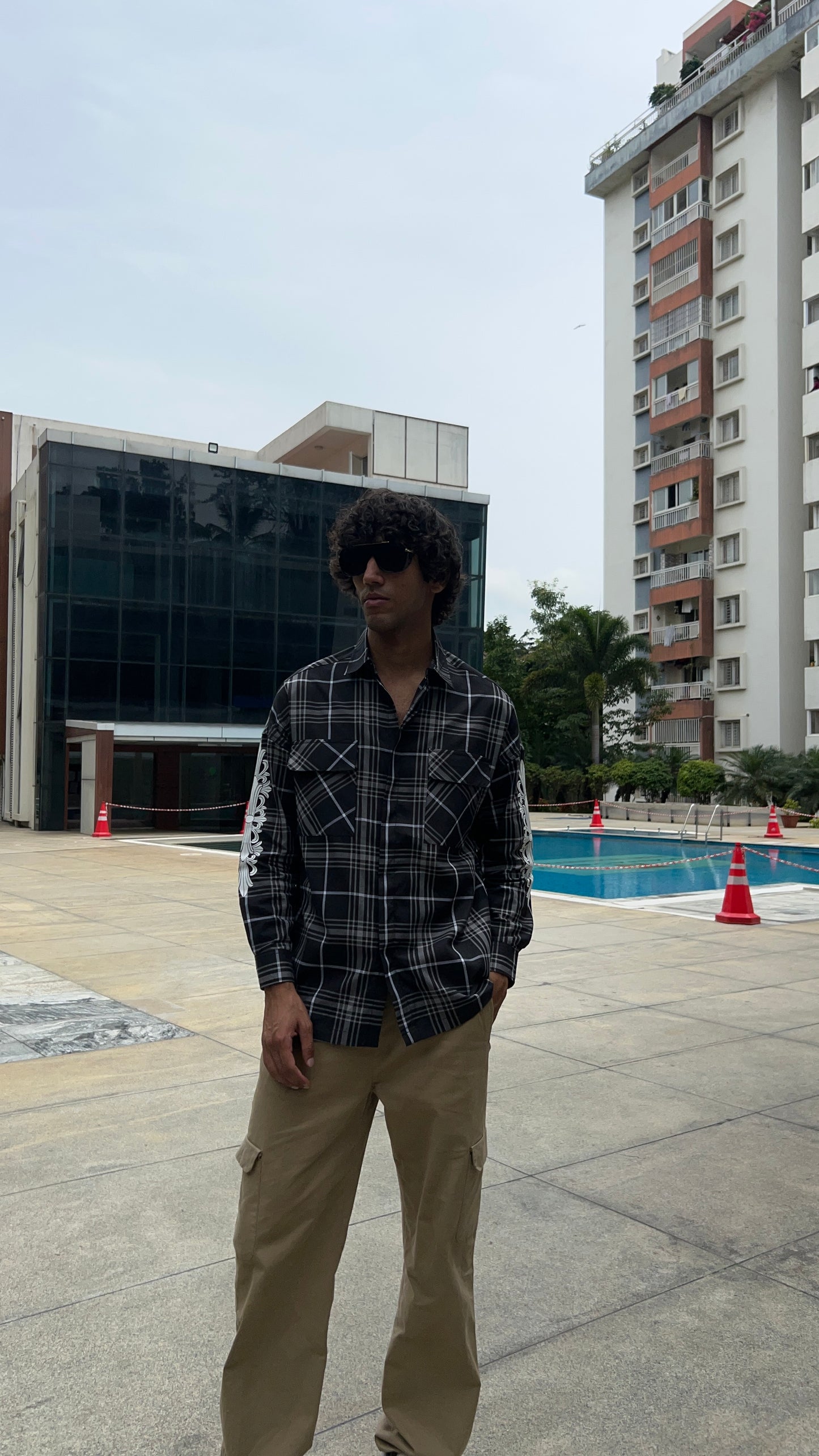 Black Plaid Shirt with Sleeve Print