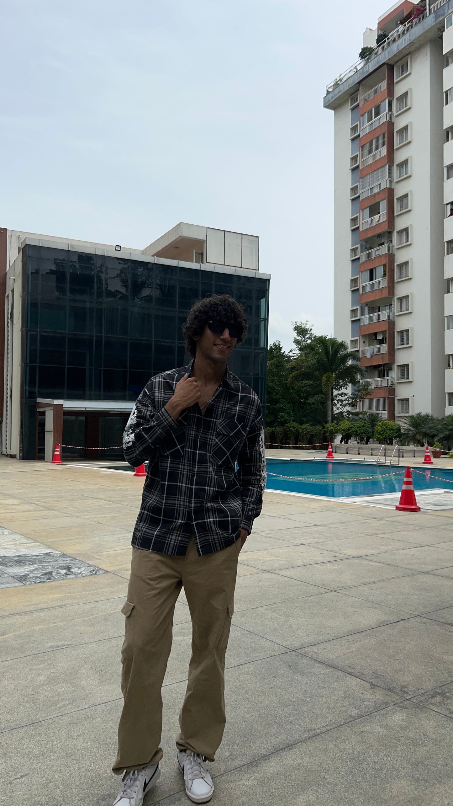 Black Plaid Shirt with Sleeve Print