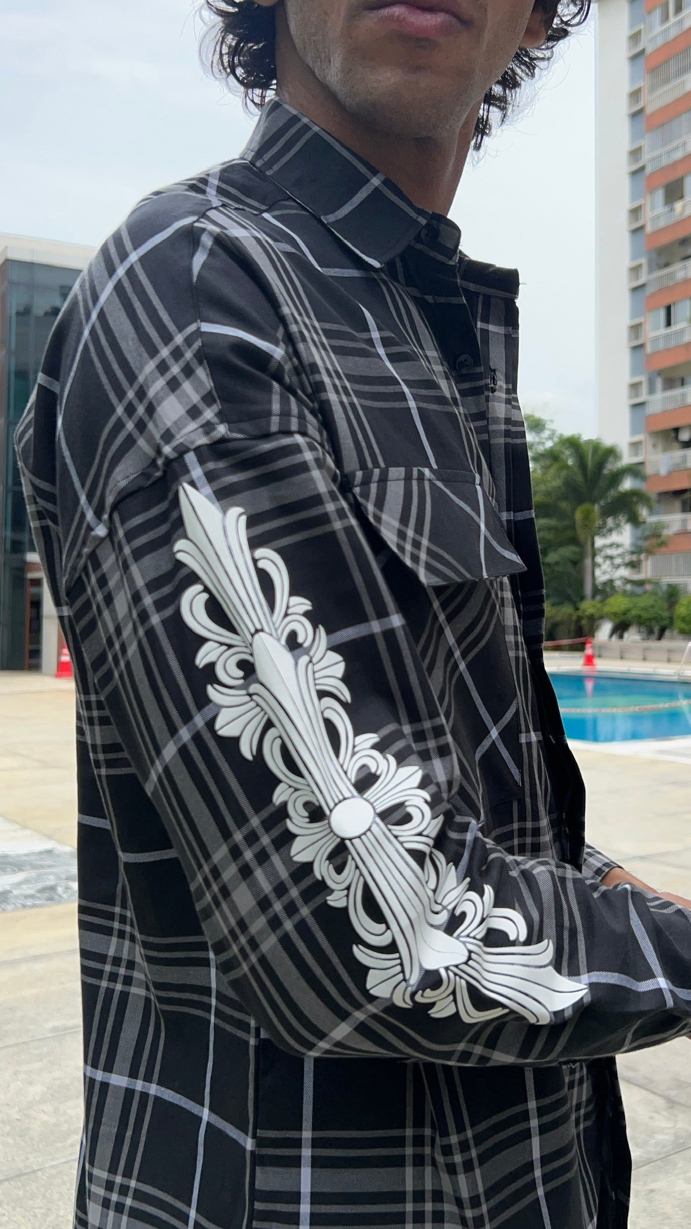 Black Plaid Shirt with Sleeve Print