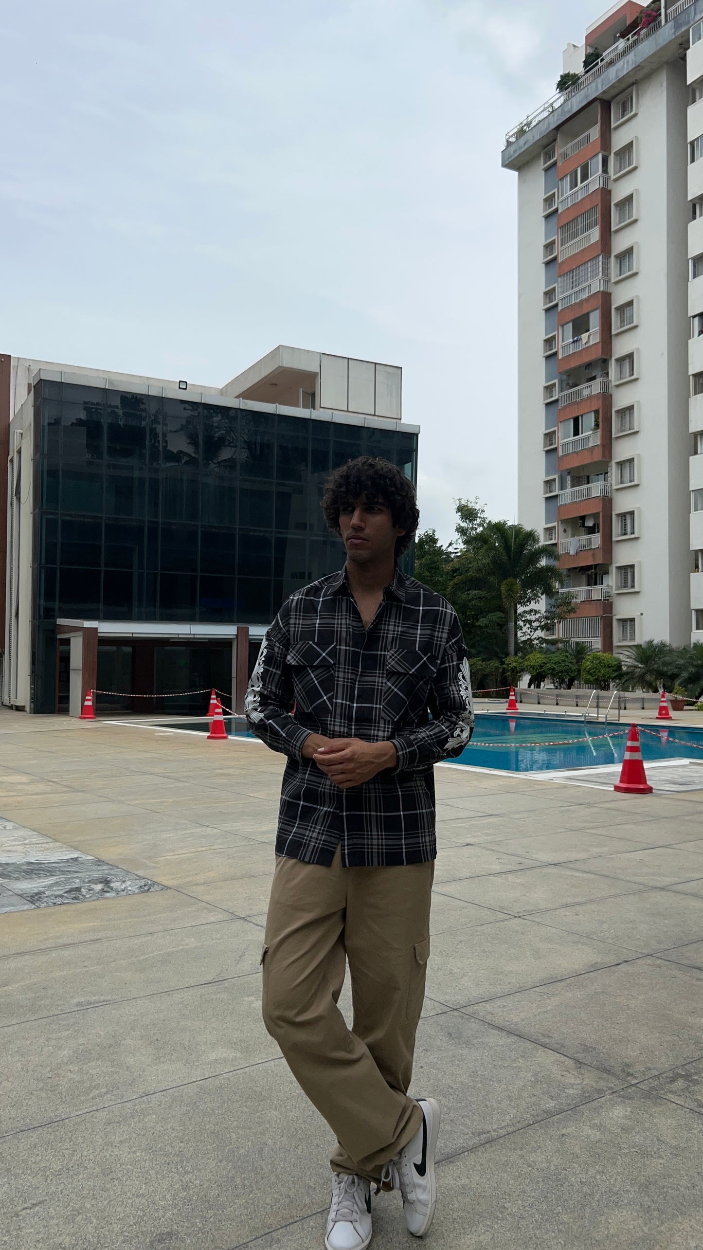 Black Plaid Shirt with Sleeve Print