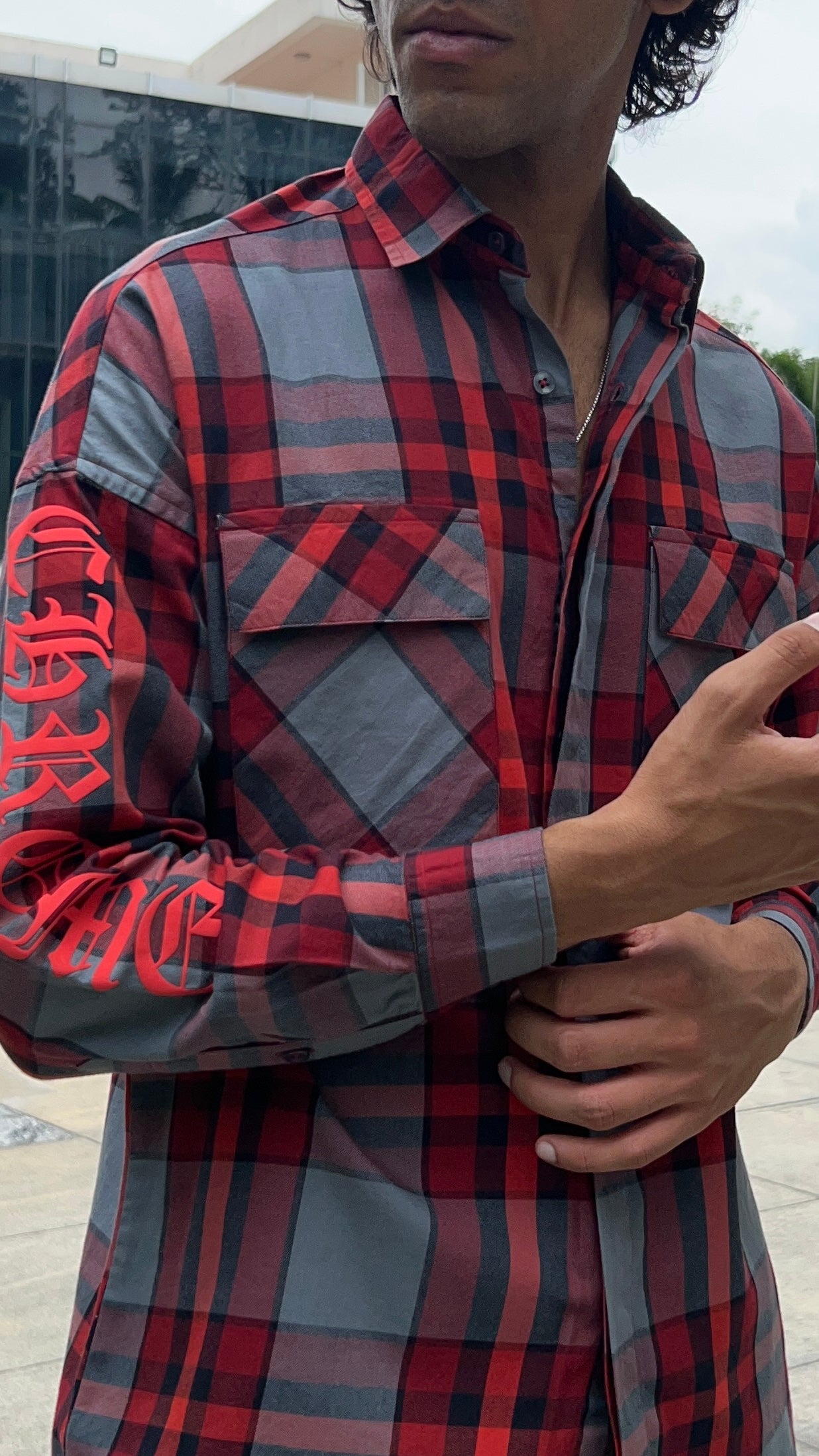 Red Plaid Shirt with Sleeve Print