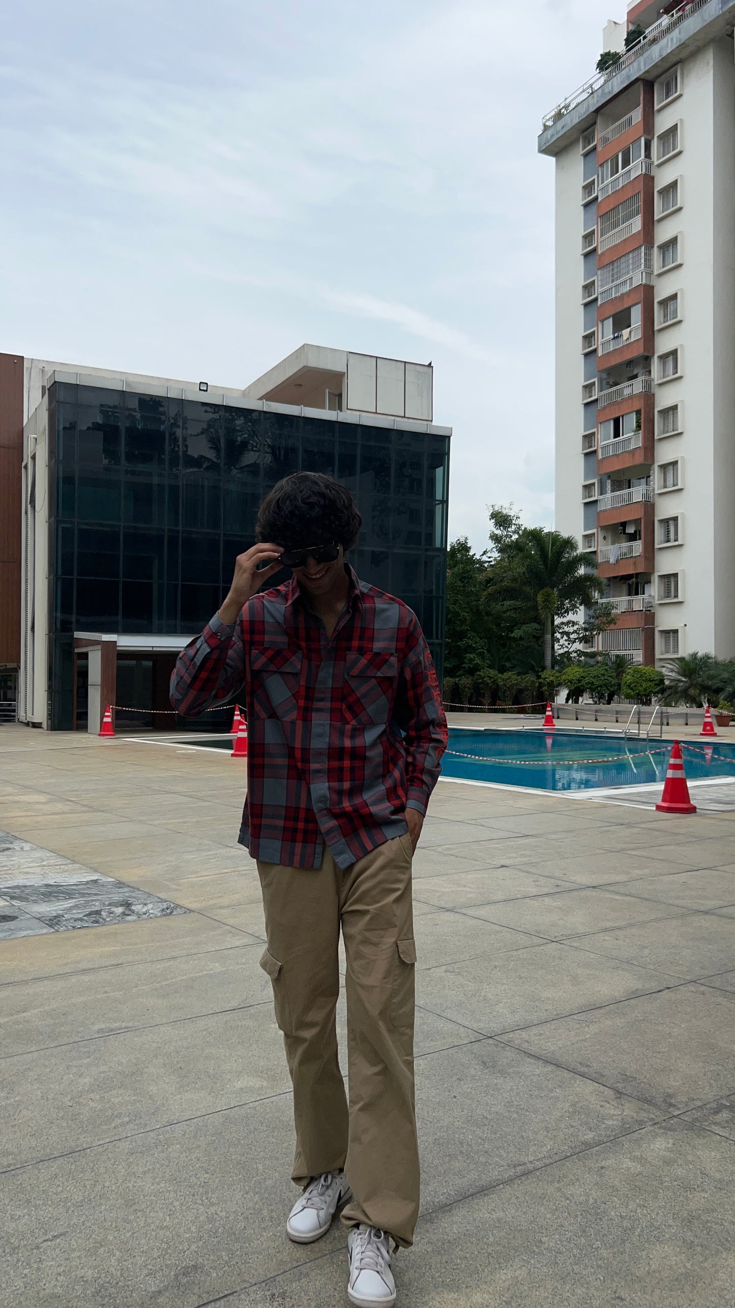 Red Plaid Shirt with Sleeve Print
