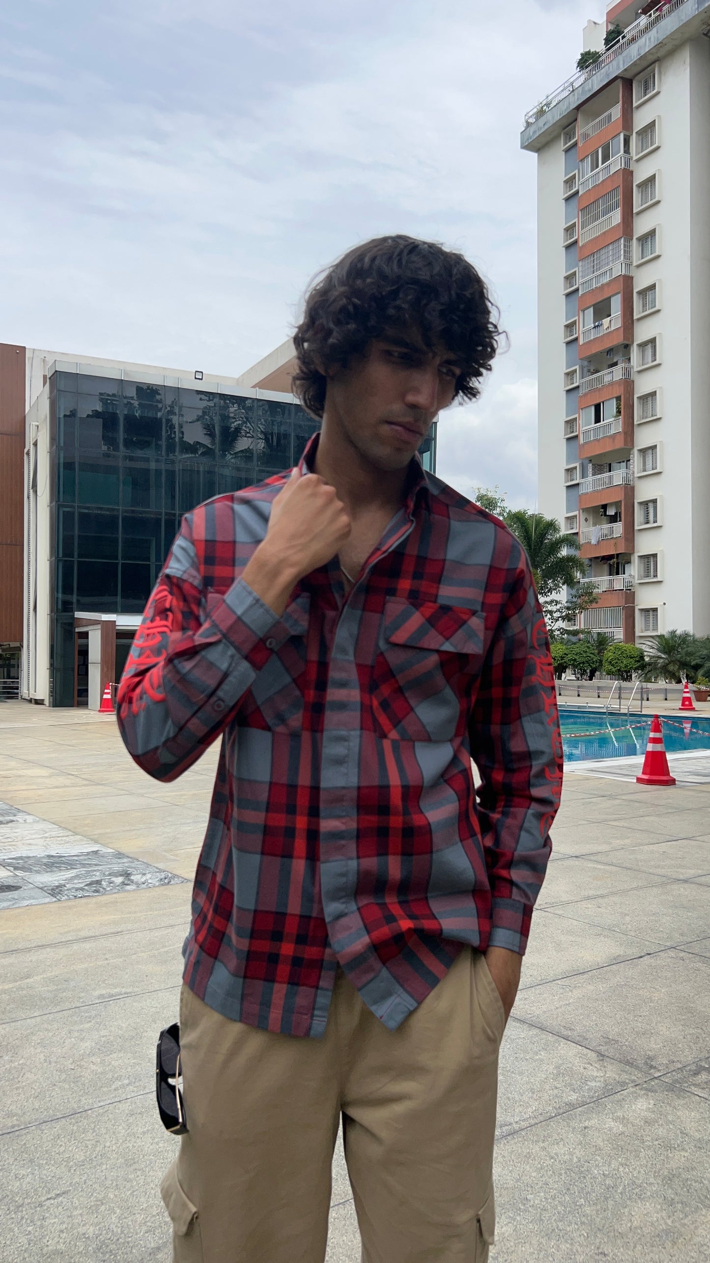 Red Plaid Shirt with Sleeve Print